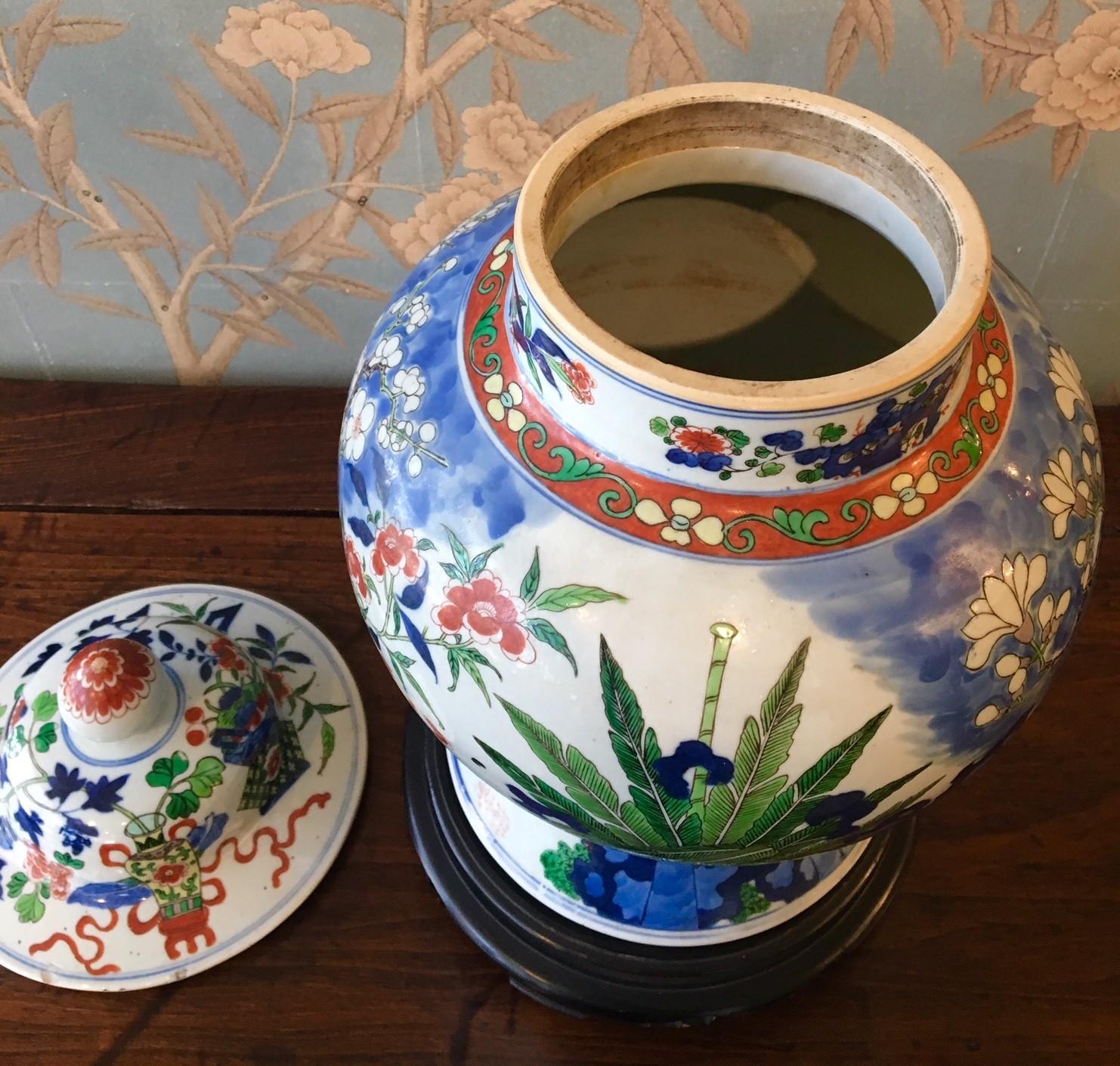 Porcelain Large Wucai Temple Jar with Base For Sale