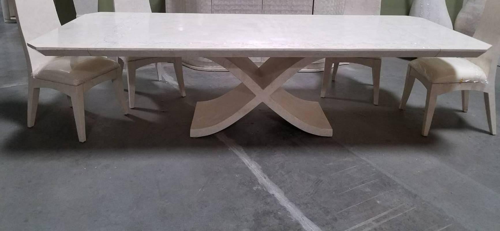 Large X Dining Table in White Tessellated Stone with Trocca Shell Inlay, 1990s In Excellent Condition For Sale In Los Angeles, CA