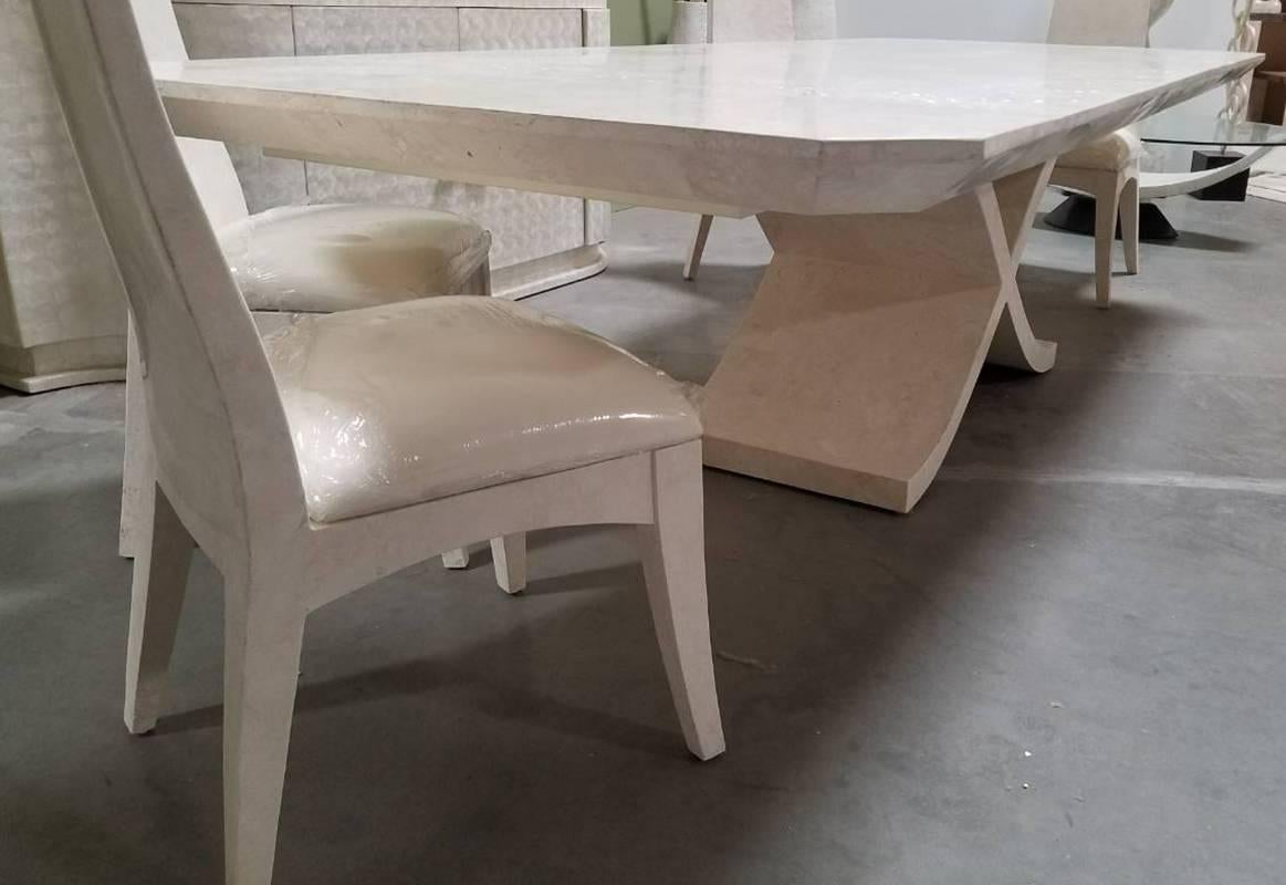 Contemporary Large X Dining Table in White Tessellated Stone with Trocca Shell Inlay, 1990s For Sale