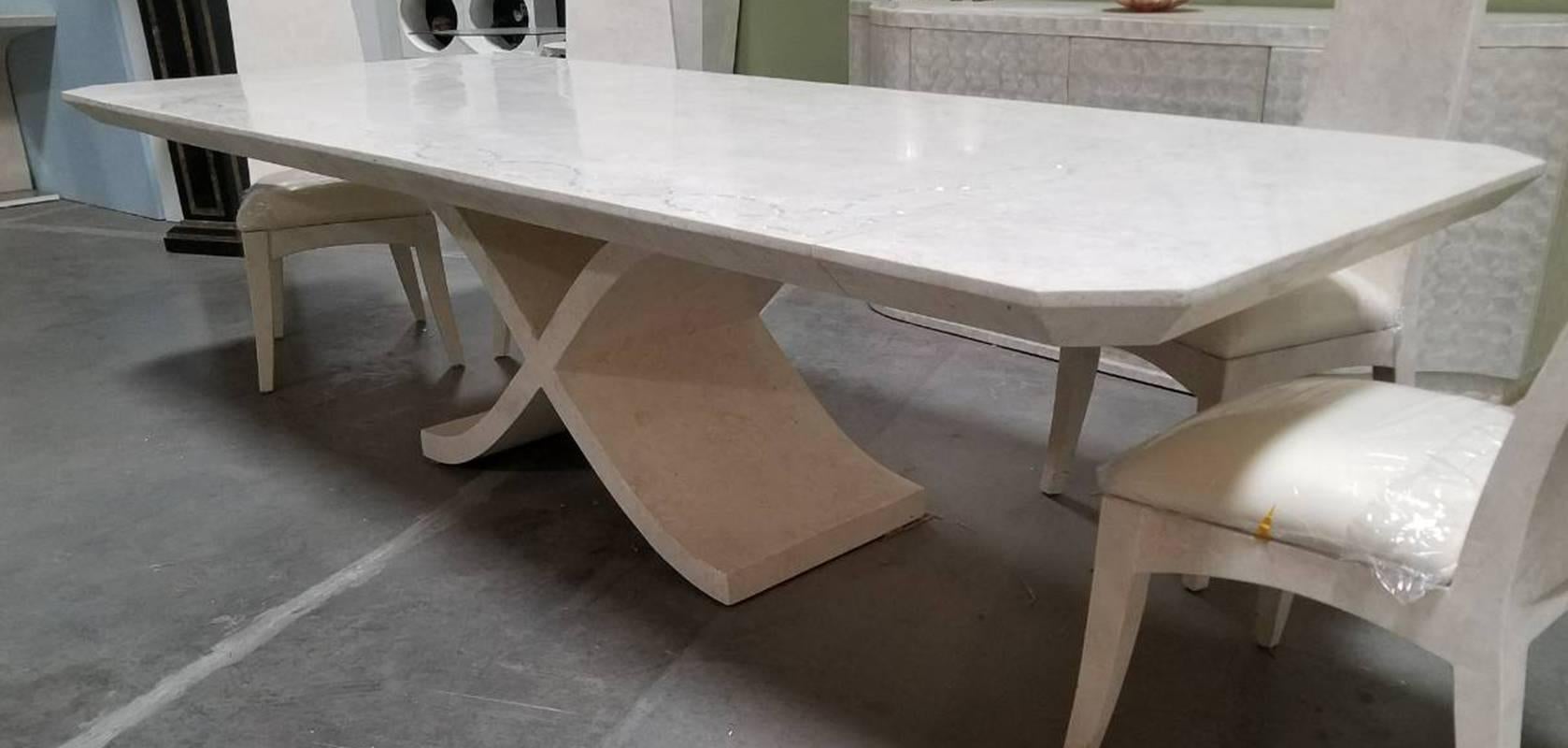 Large X Dining Table in White Tessellated Stone with Trocca Shell Inlay, 1990s For Sale 1