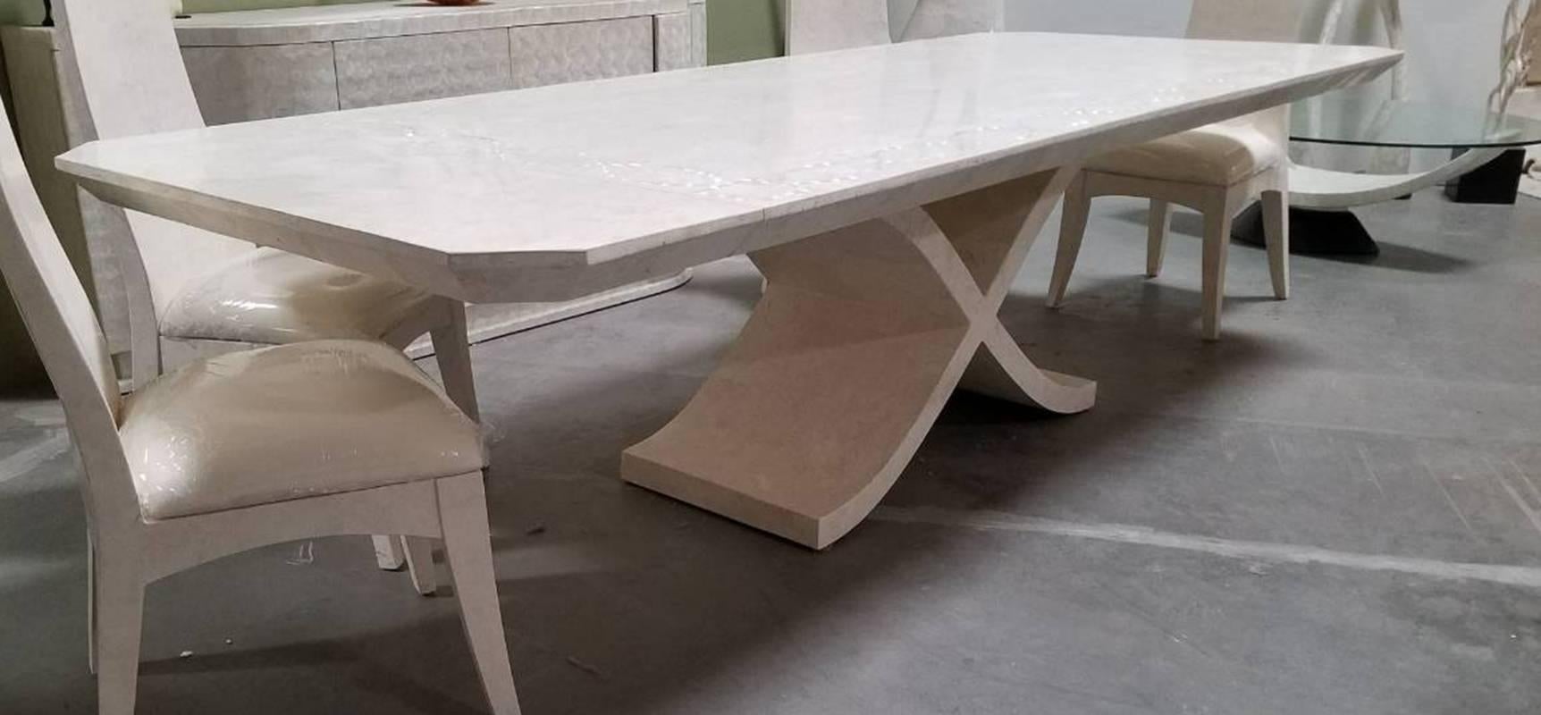 Large X Dining Table in White Tessellated Stone with Trocca Shell Inlay, 1990s For Sale 2