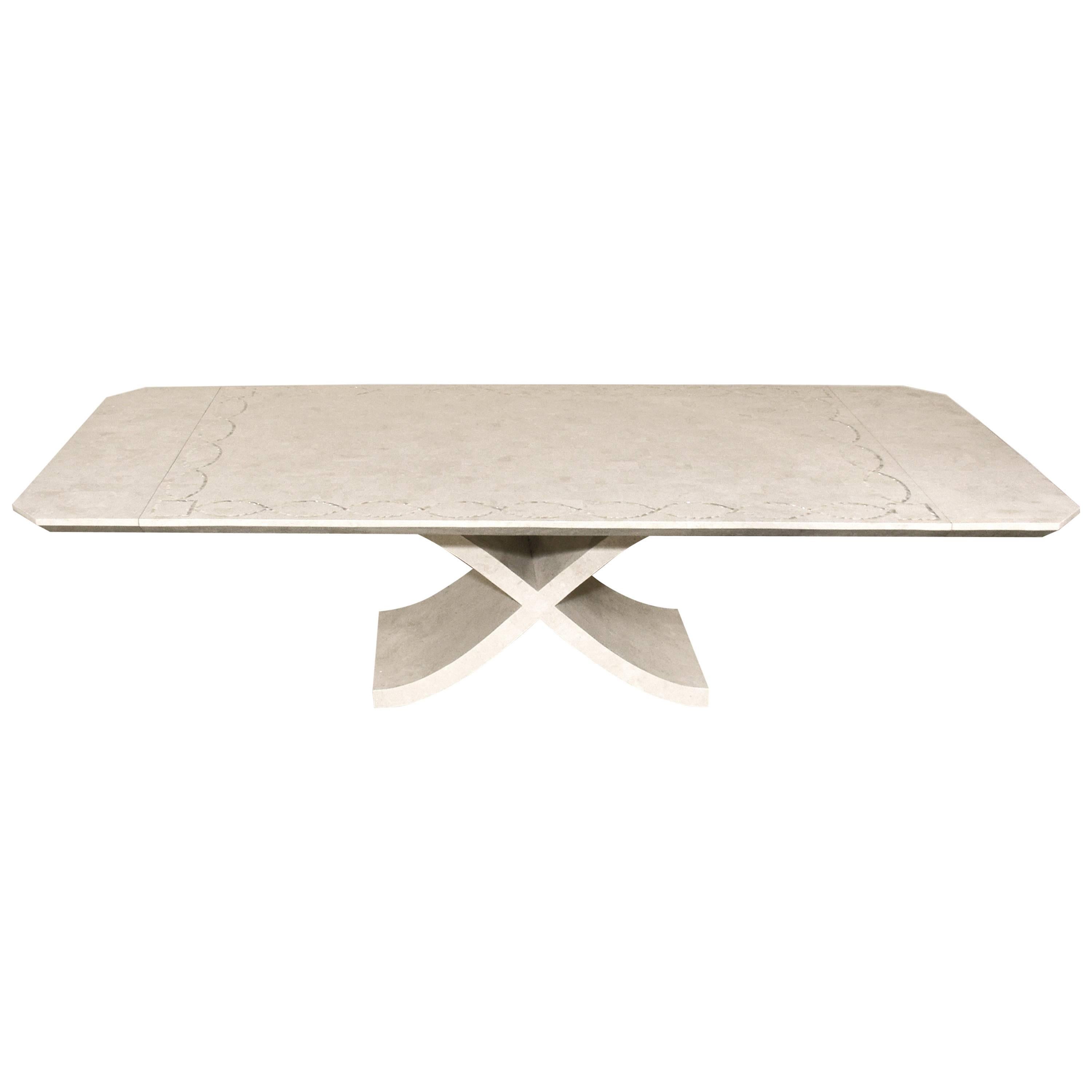 Large X Dining Table in White Tessellated Stone with Trocca Shell Inlay, 1990s For Sale
