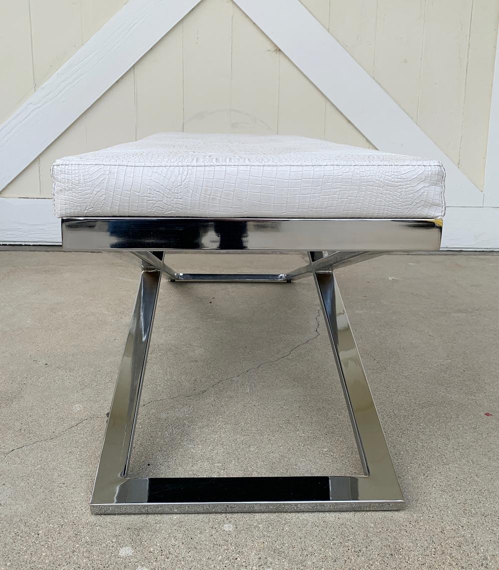 Modern Large X Frame Bench with Faux Crocodile Upholstery