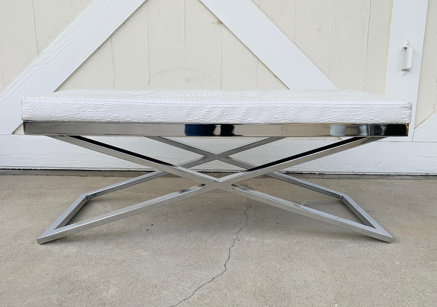 Plated Large X Frame Bench with Faux Crocodile Upholstery