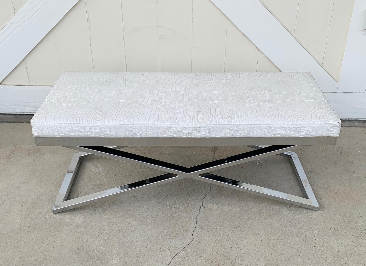 Naugahyde Large X Frame Bench with Faux Crocodile Upholstery