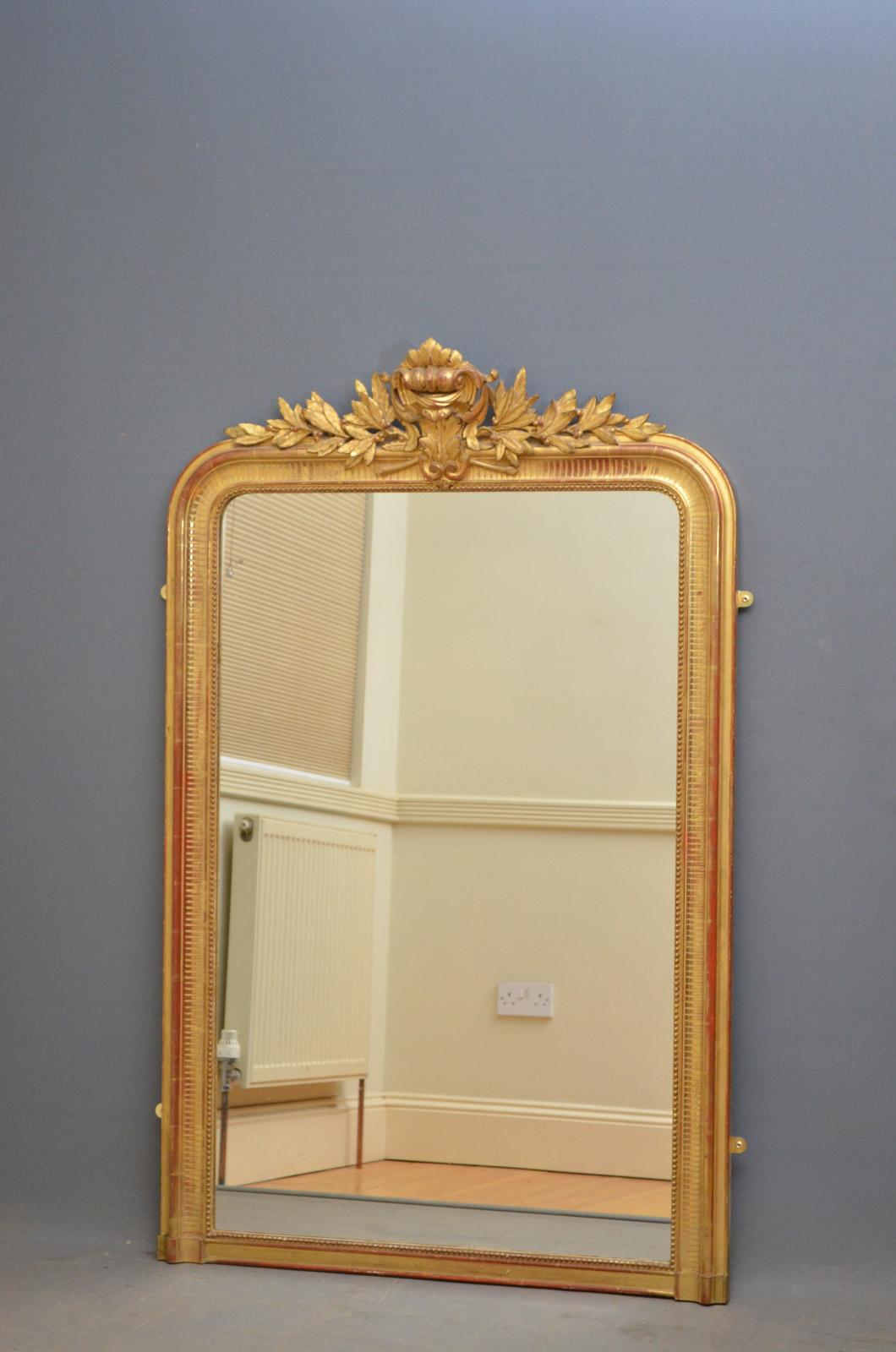 Sn4508, French 19th century giltwood mirror, having original mirror plate in shaped frame with large cartouche to centre flanked by floral motifs. This antique wall mirror retains original gilt throughout, all in wonderful condition, ready to place