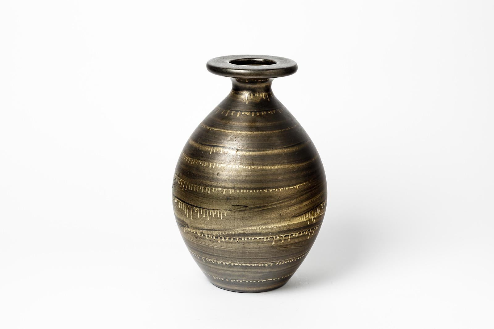 20th Century Large XXth Century Black and Gold Art Deco Ceramic Vase by Lucien Brisdoux