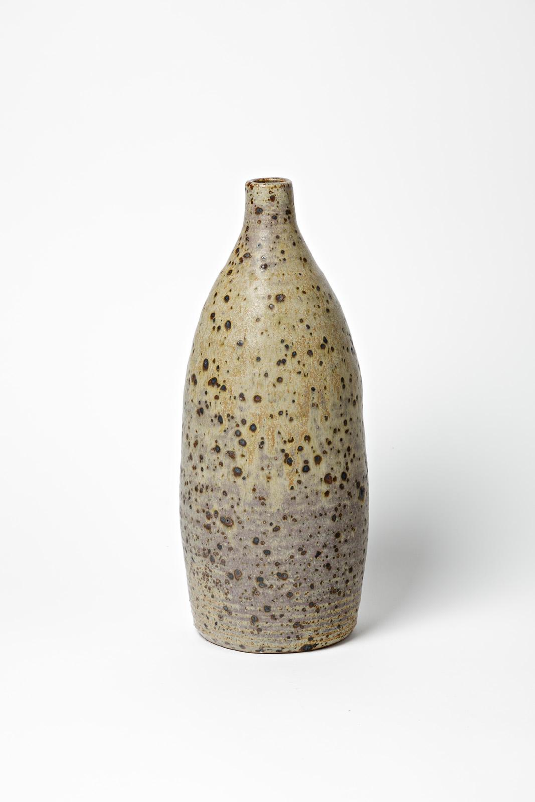 French Large 20th Century Grey Stoneware Ceramic Vase Bottle by La Borne Potters Unique For Sale