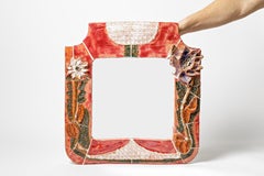 Large Xxth Century Red and White Ceramic Wall Mirror by Duchateau Vallauris 1950