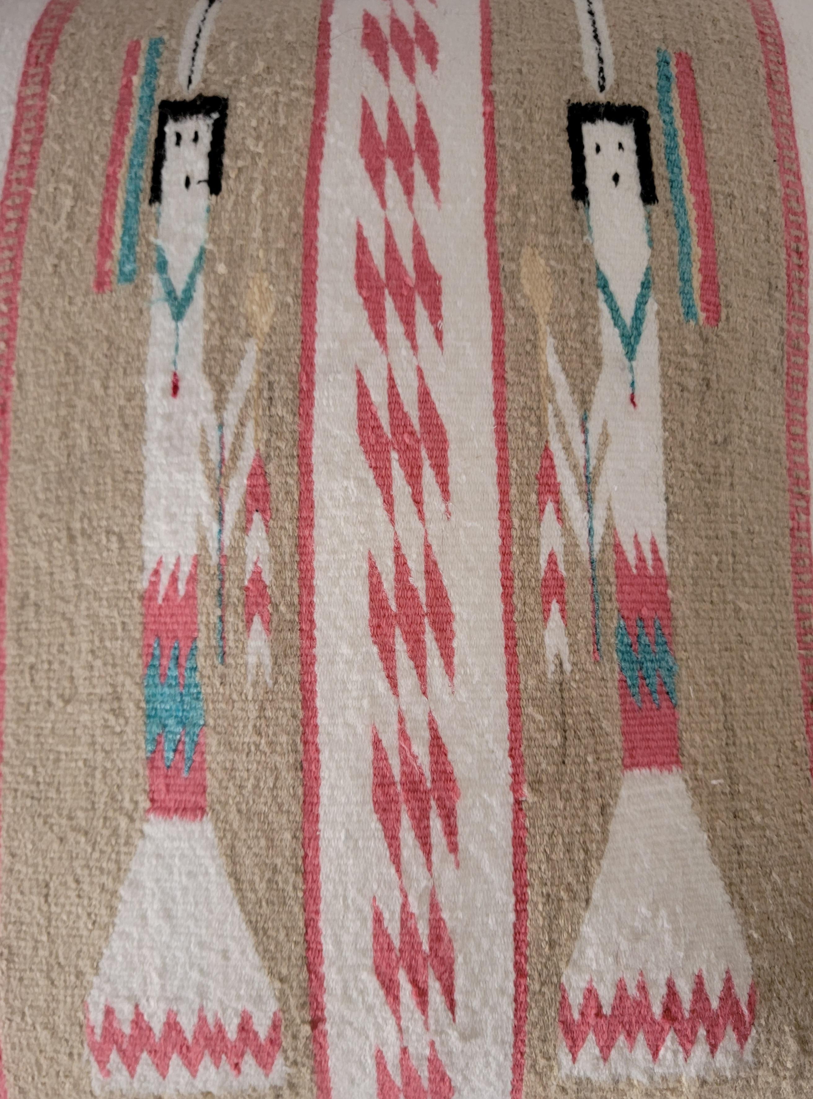 Very Large Yei Indian Weaving Pillow. White, Beige, Pink, Turquoise, and Black.
Feather and Down Insert.