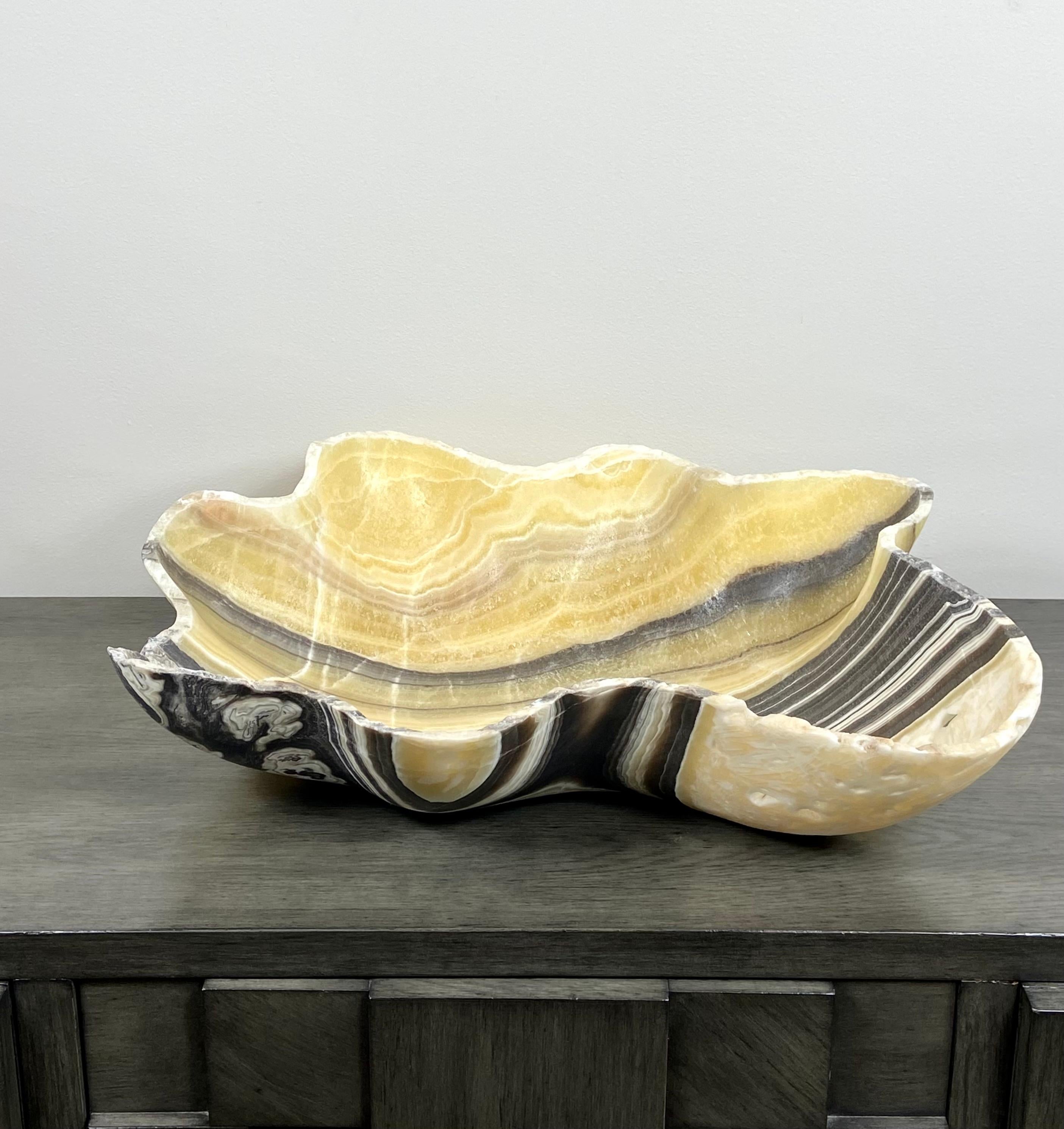 Hand-Carved Large Yellow and Black Banded Onyx Bowl For Sale
