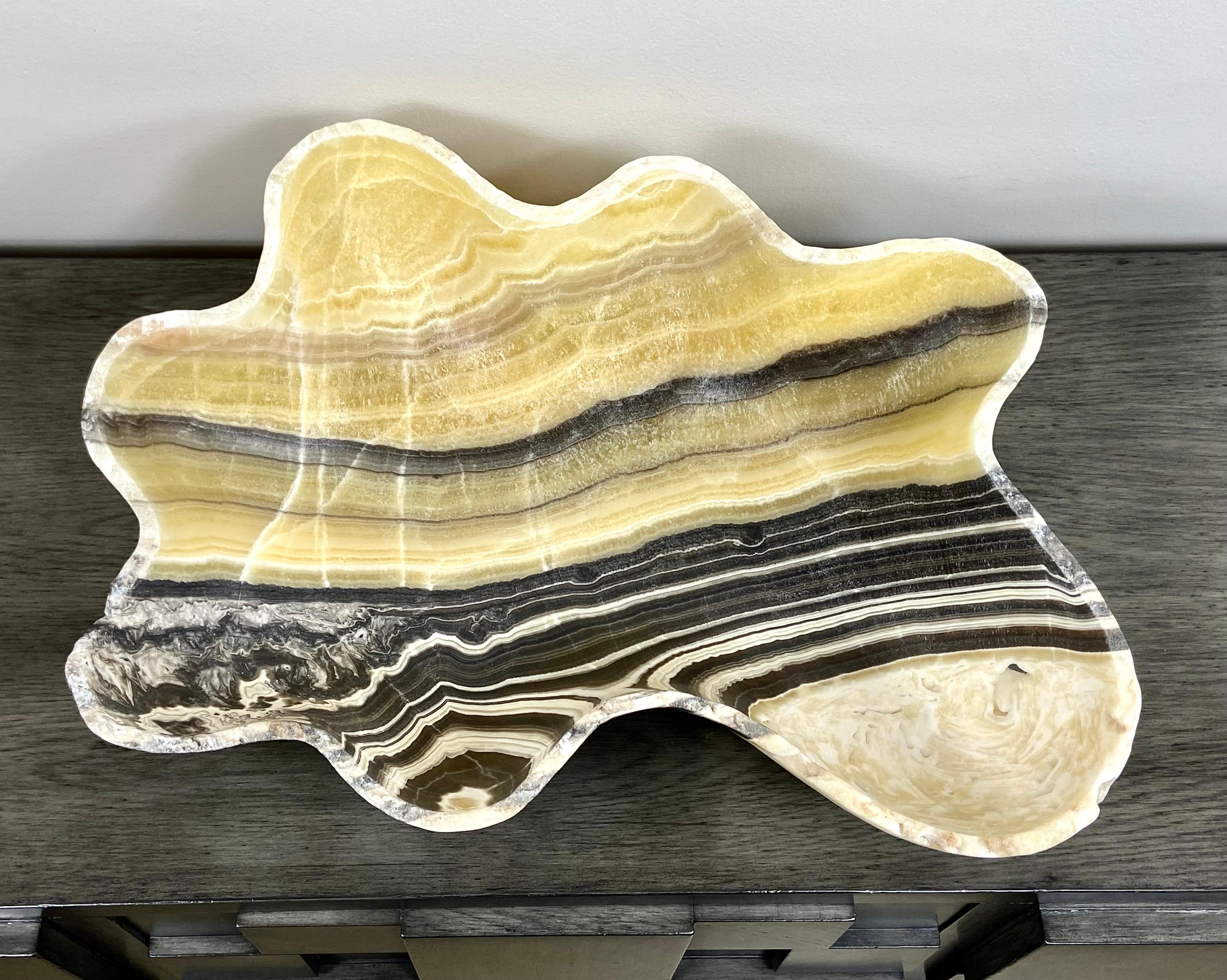 Contemporary Large Yellow and Black Banded Onyx Bowl For Sale