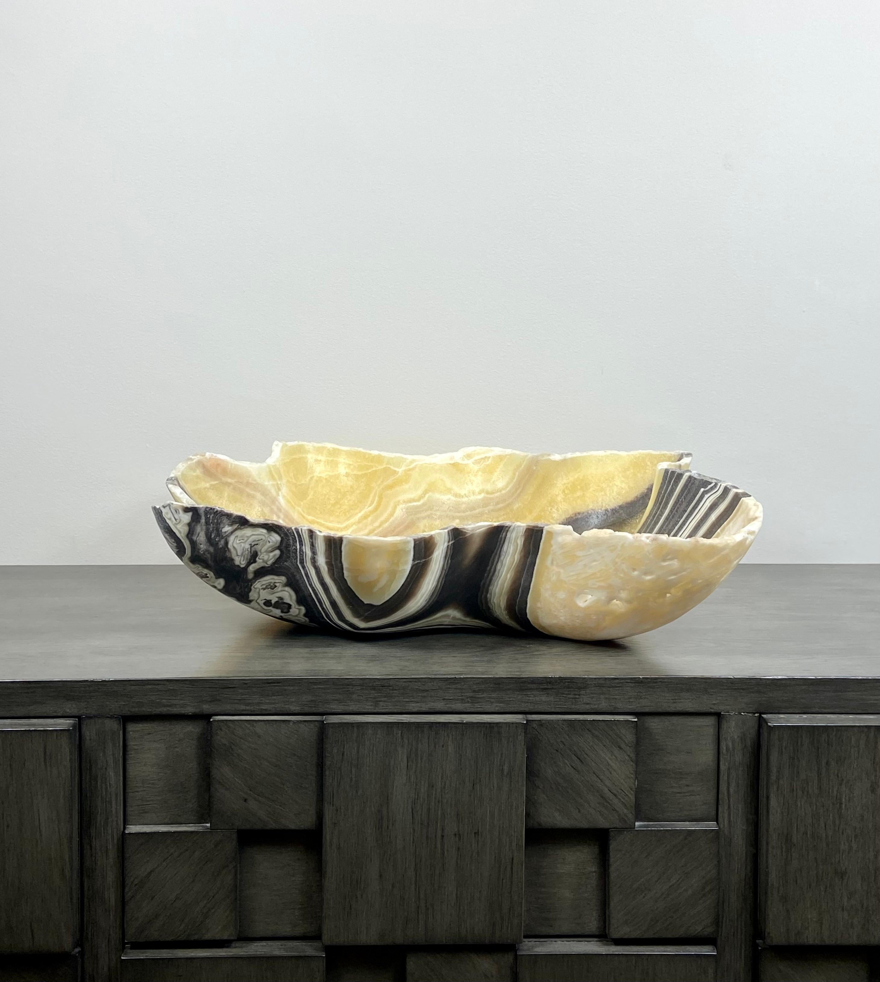 Contemporary Large Yellow and Black Banded Onyx Bowl For Sale