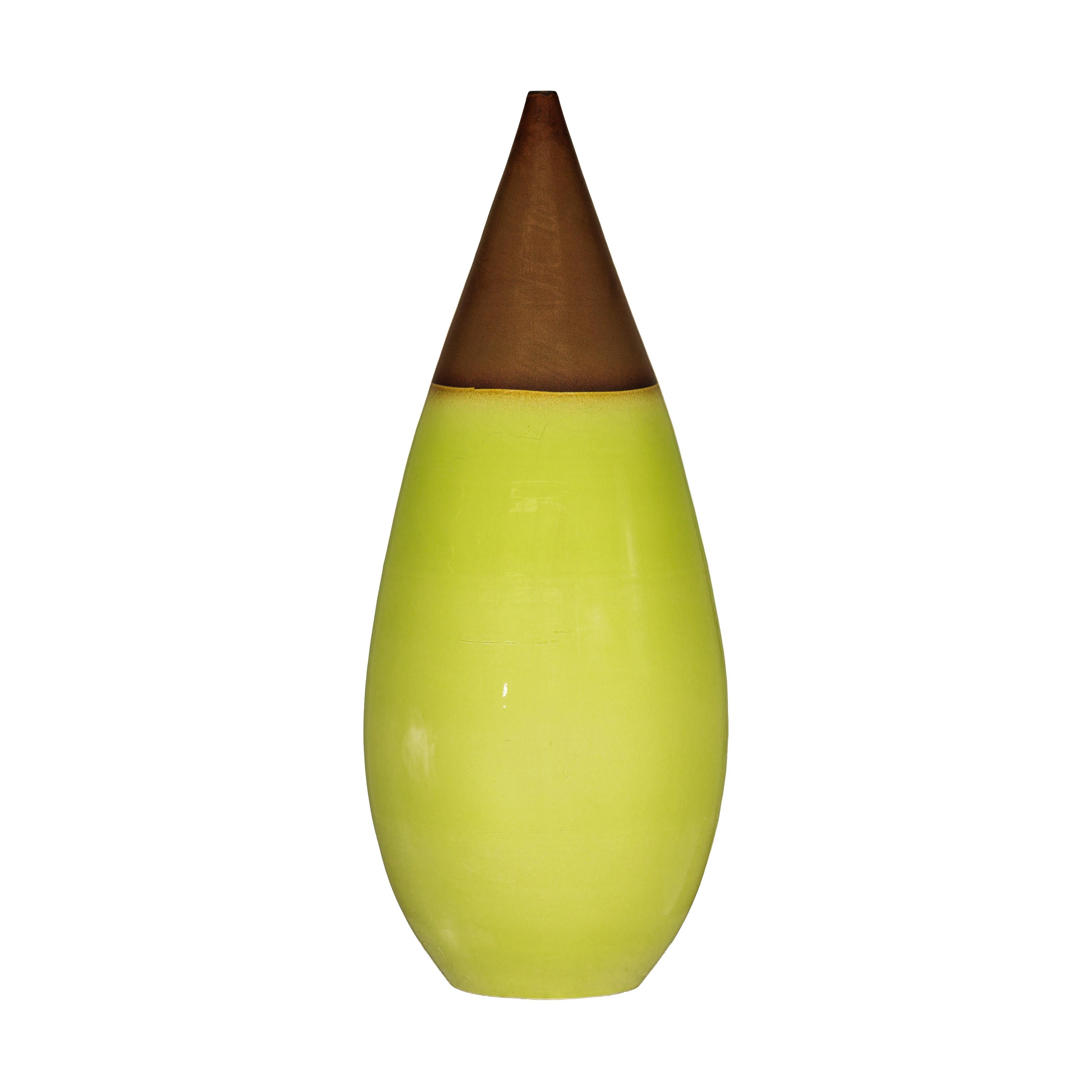 Grande vaso in ceramica artigianale giallo e marrone con forma affusolata a goccia in vendita 9