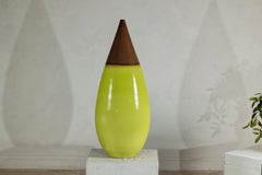 Large Yellow and Brown Artisan Ceramic Vase with Teardrop Tapered Form