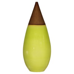 Large Yellow and Brown Artisan Ceramic Vase with Teardrop Tapered Form