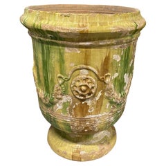 Large Yellow and Green Glazed Terra Cotta Anduze Pot