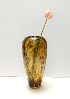 Large Yellow and Green Murano Glass Vase attr. to Fratelli Toso with Aventurine