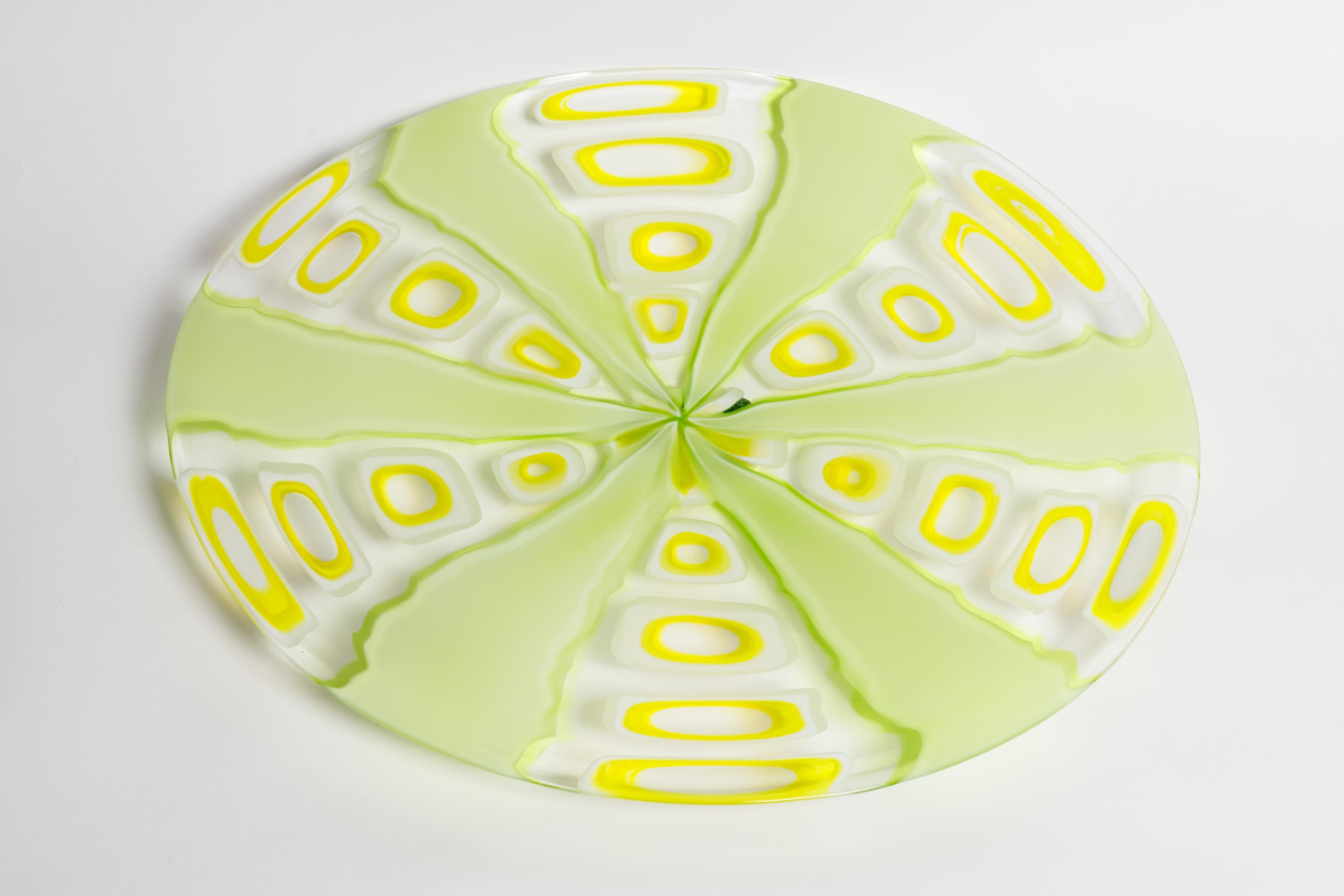 Mid-Century Modern Large Yellow and Lime Green Murano Glass Dish For Sale