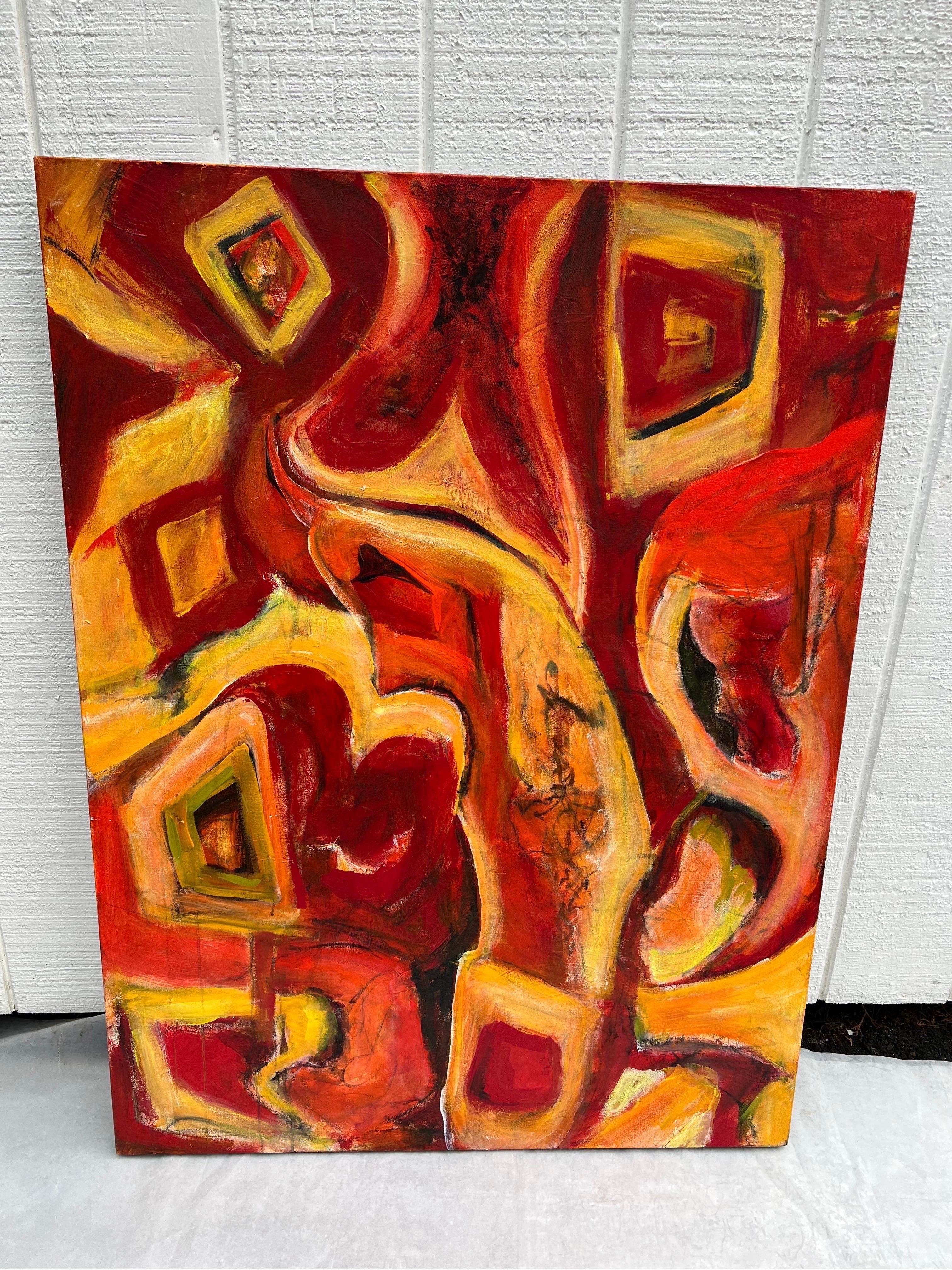 Mid-Century Modern Grand abstrait jaune et rouge de Carol Bertrand en vente