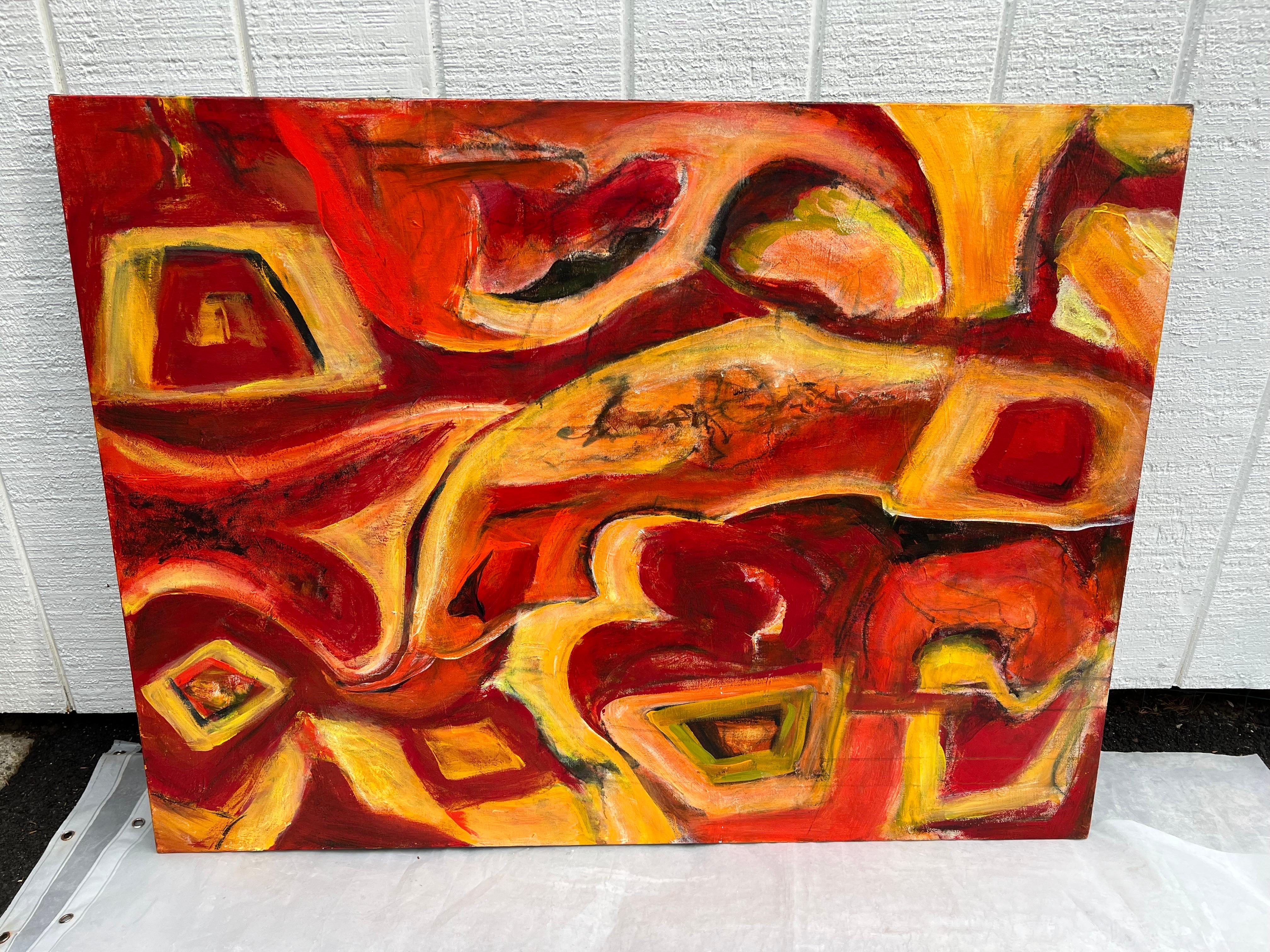 Américain Grand abstrait jaune et rouge de Carol Bertrand en vente