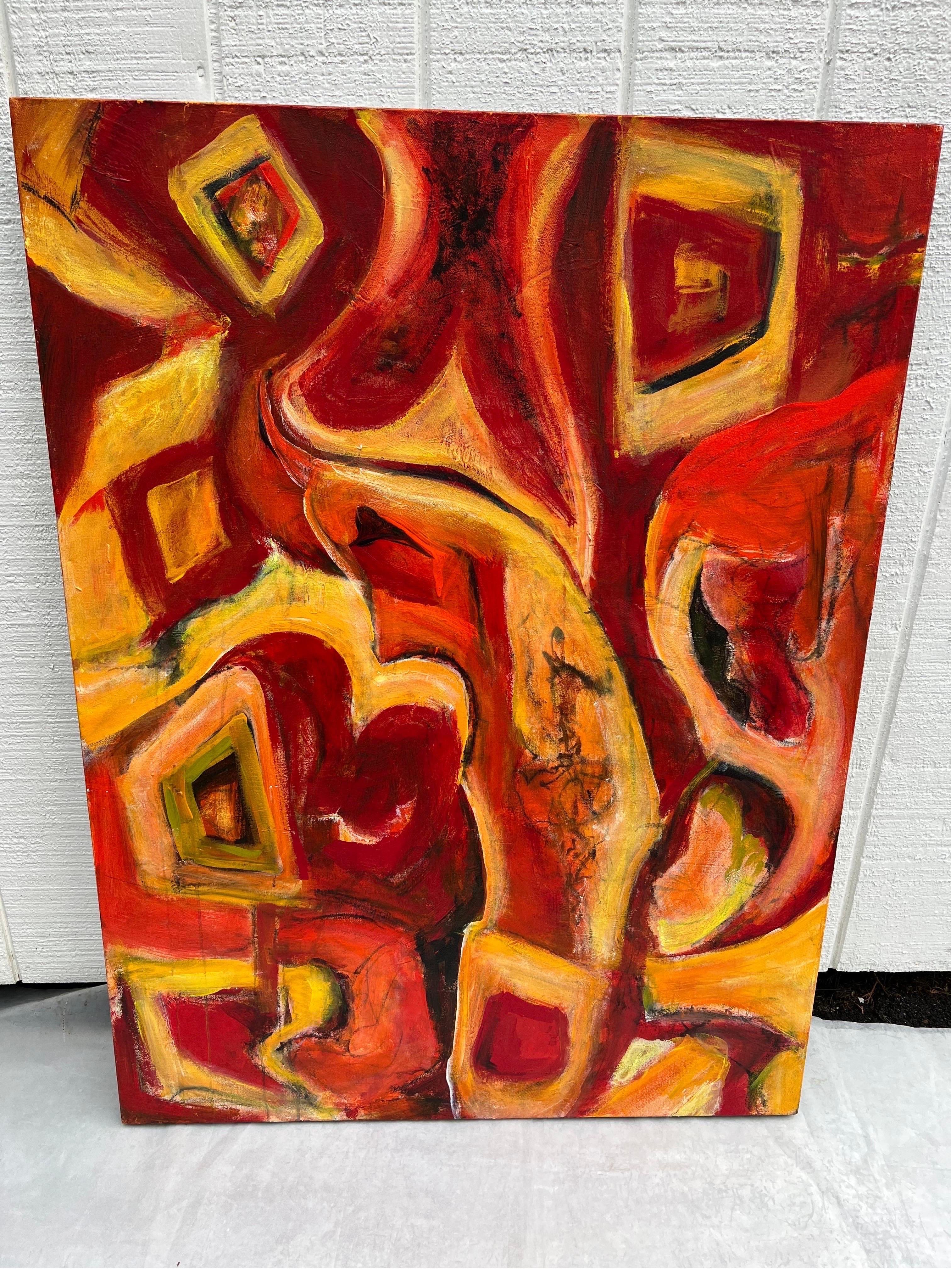 Grand abstrait jaune et rouge de Carol Bertrand Bon état - En vente à Redding, CT