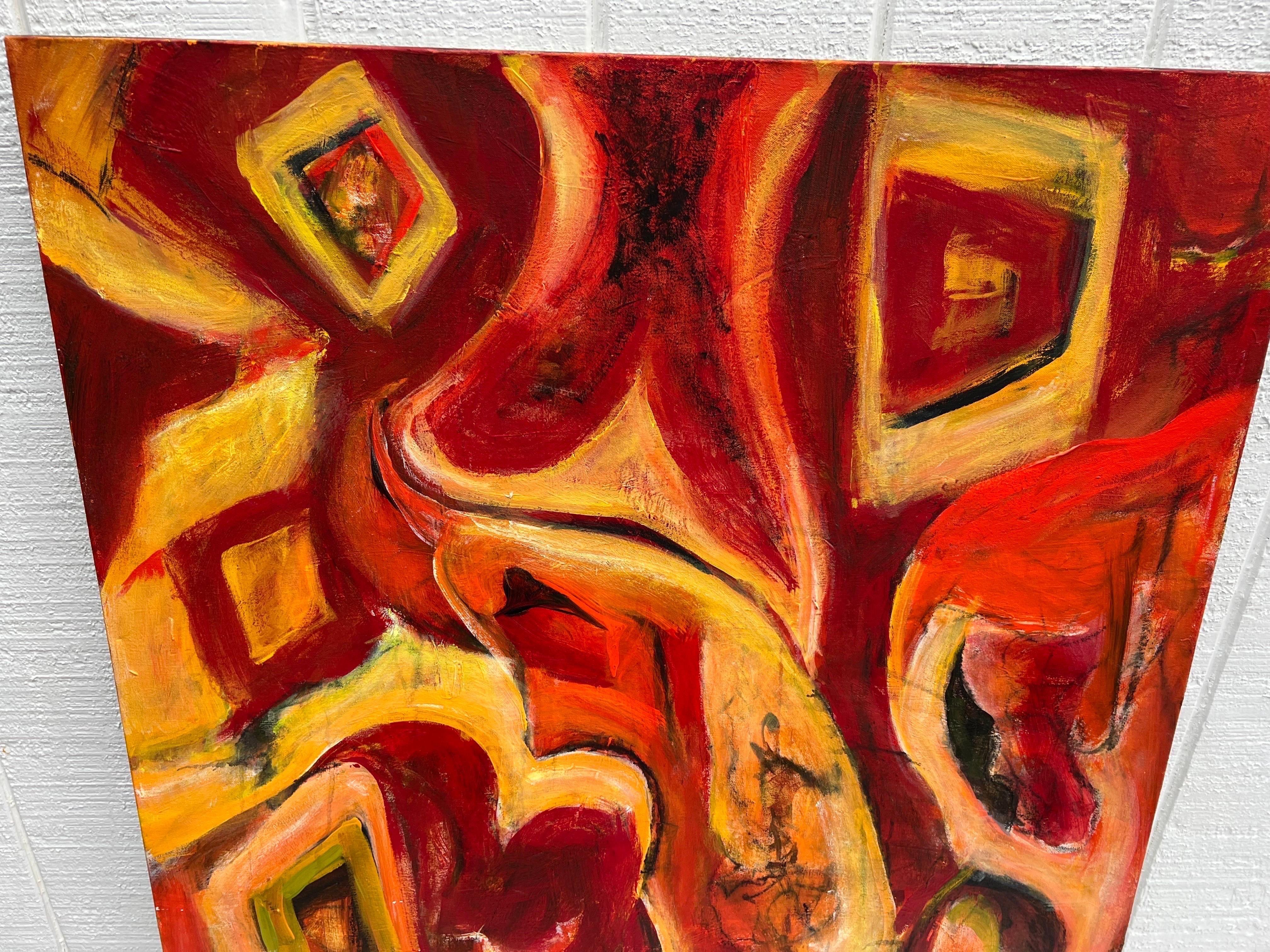 20ième siècle Grand abstrait jaune et rouge de Carol Bertrand en vente