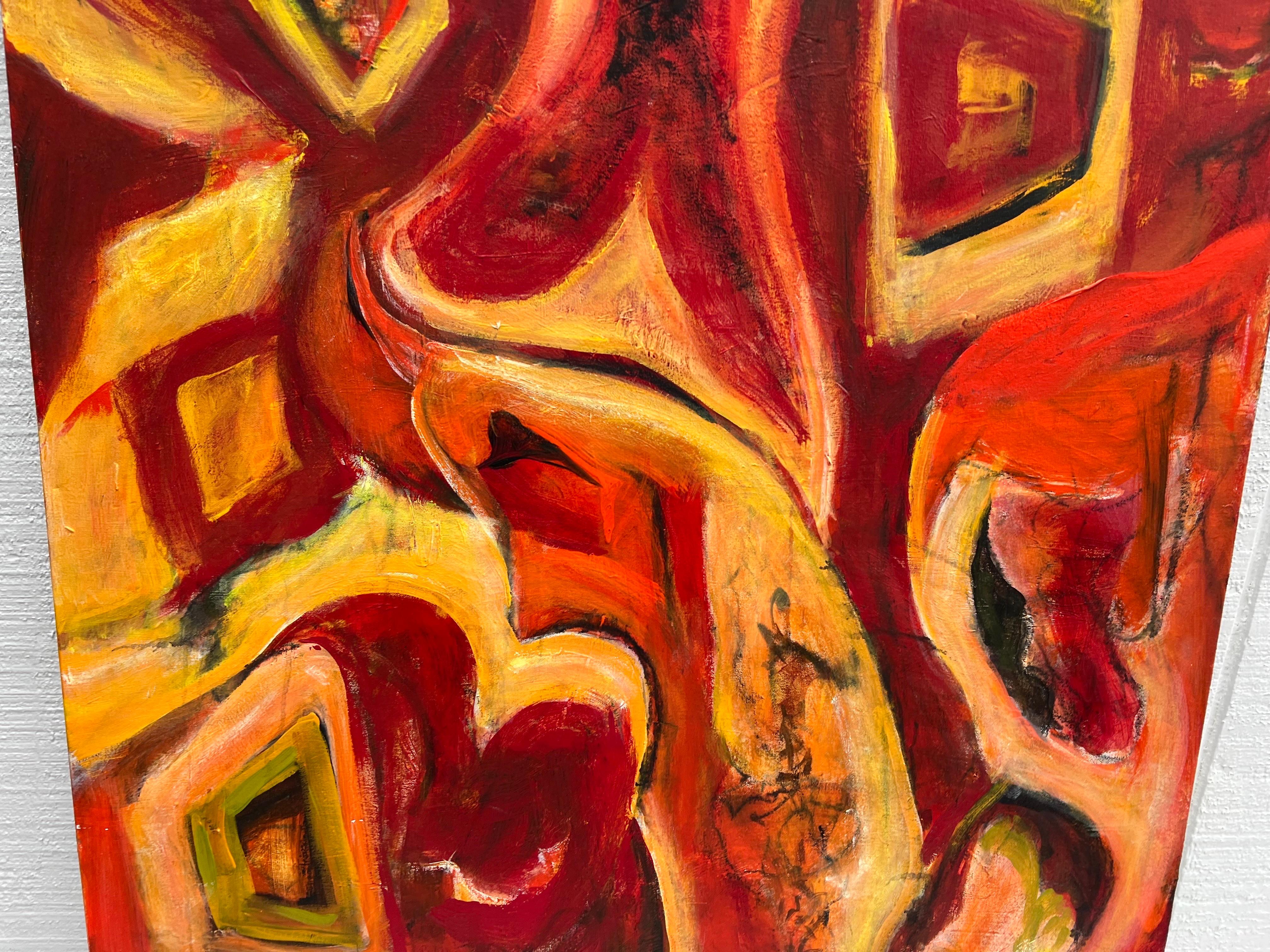 Toile Grand abstrait jaune et rouge de Carol Bertrand en vente