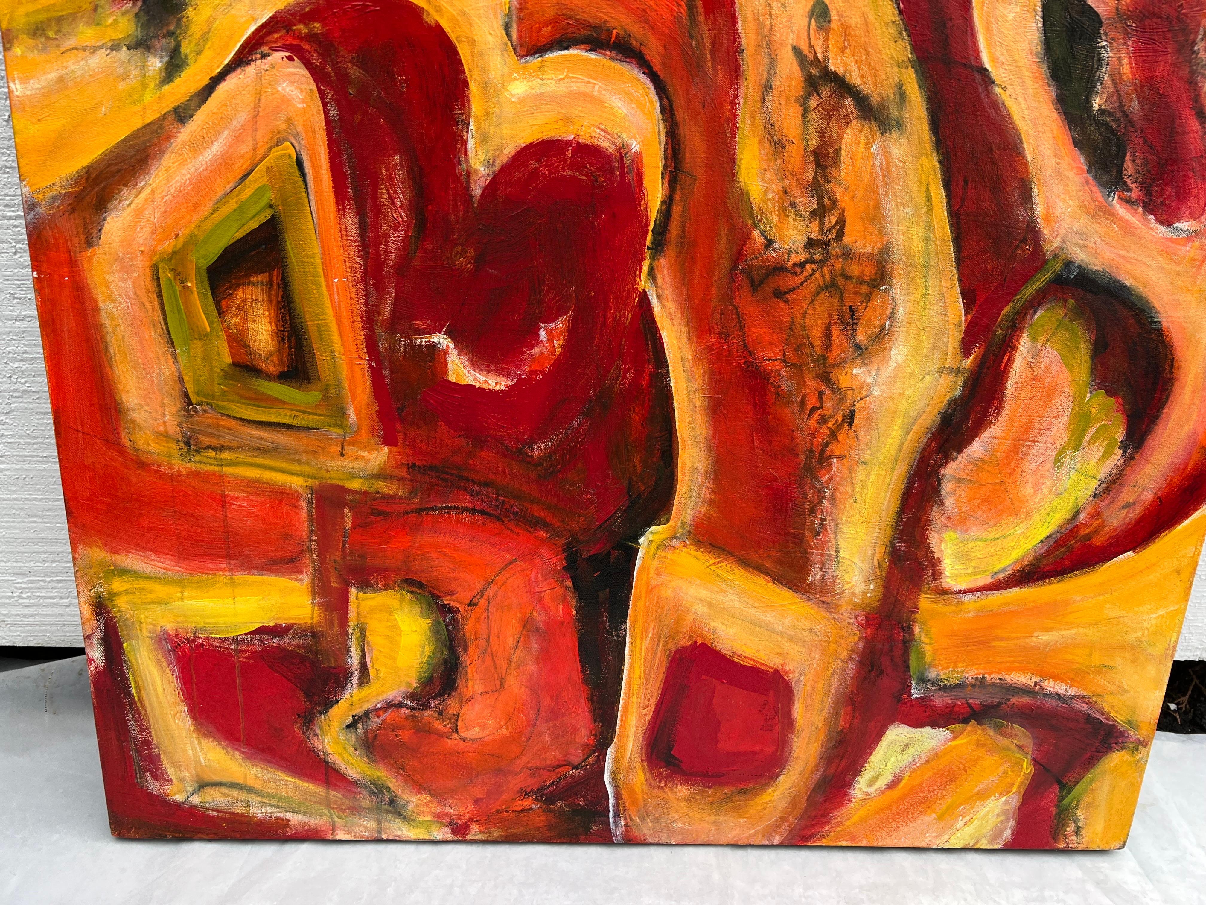 Grand abstrait jaune et rouge de Carol Bertrand en vente 1
