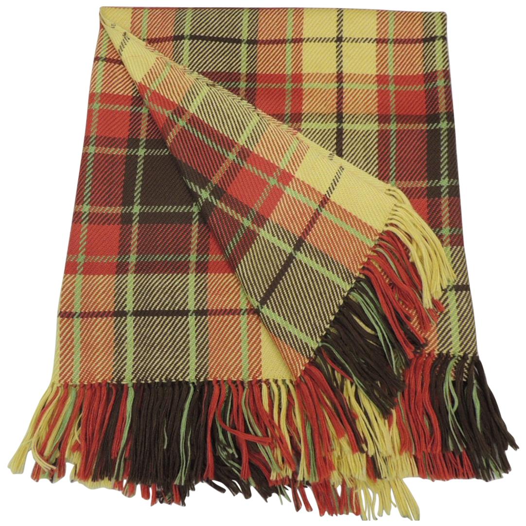 Large Yellow and Red Plaid Throw with Hand Knotted Fringes