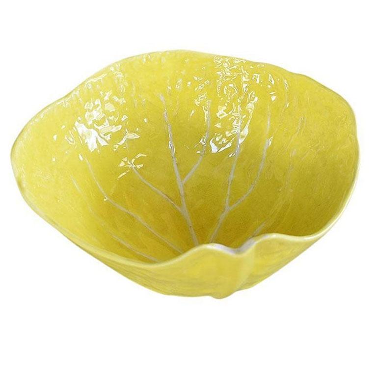 Round Hollywood Regency glazed lettuceware serving bowl in yellow by Secla. Lettuceware or cabbageware was first made popular by Dodie Thayer, who pioneered this timeless line which has become an entertaining lover's dream. Full sets are rare to