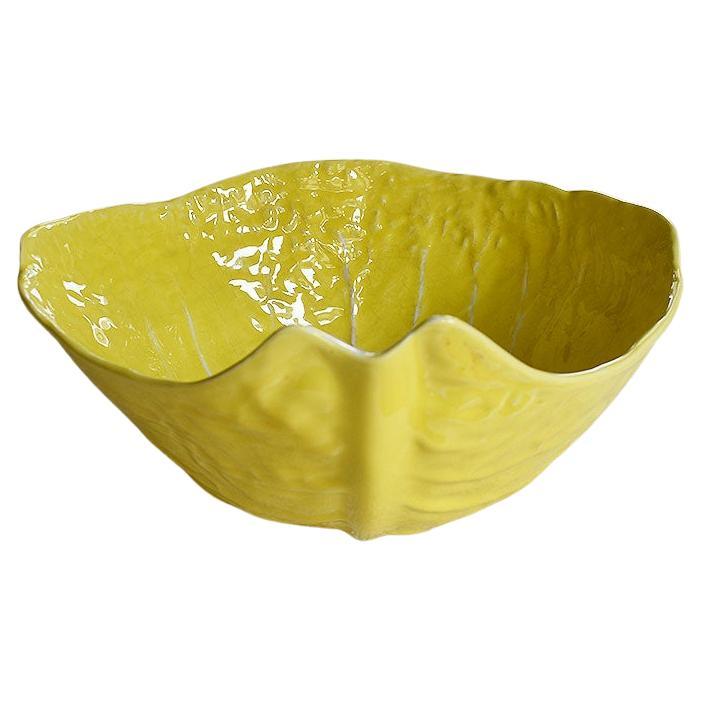 Hollywood Regency Large Yellow Ceramic Portuguese Lettuceware Serving Bowl After Dodie Thayer For Sale