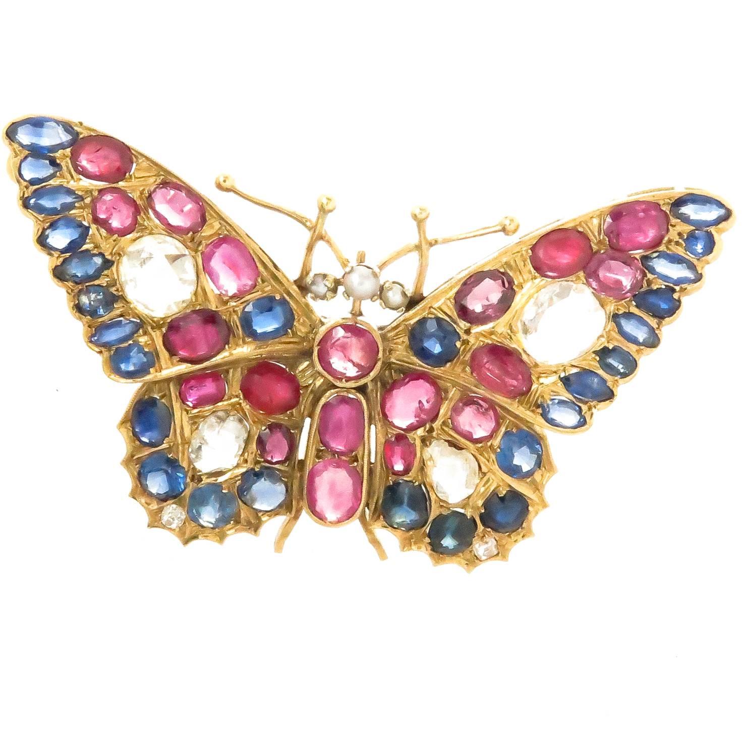 Large Yellow Gold and Gem Set Butterfly Brooch, 1920 For Sale