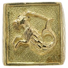 Large Yellow Gold Capricorn Zodiac Textured Finish Squared Signet Ring