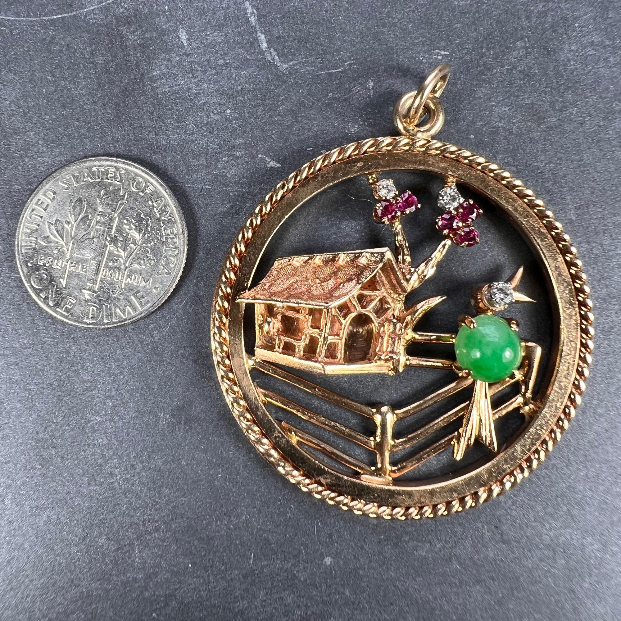 Grand pendentif breloque en or jaune, diamant, rouge, rubis, rubis et jade vert, motif oiseau domestique en vente 5