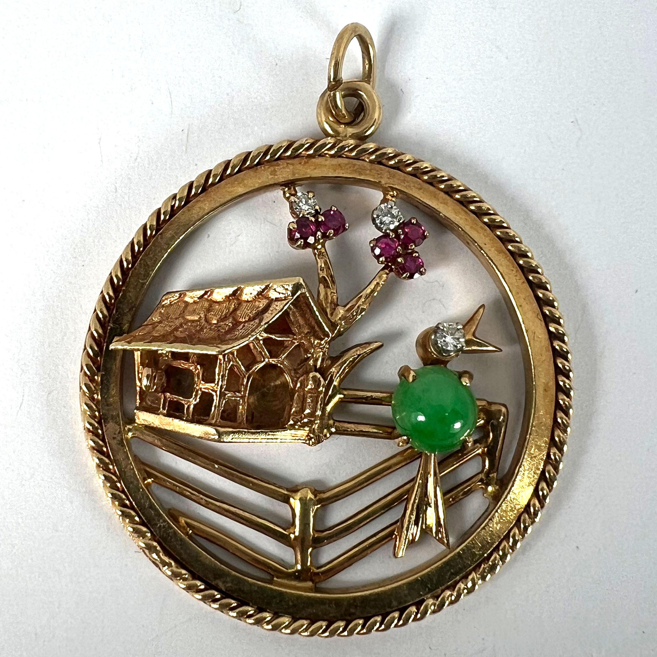 Grand pendentif breloque en or jaune, diamant, rouge, rubis, rubis et jade vert, motif oiseau domestique en vente 6