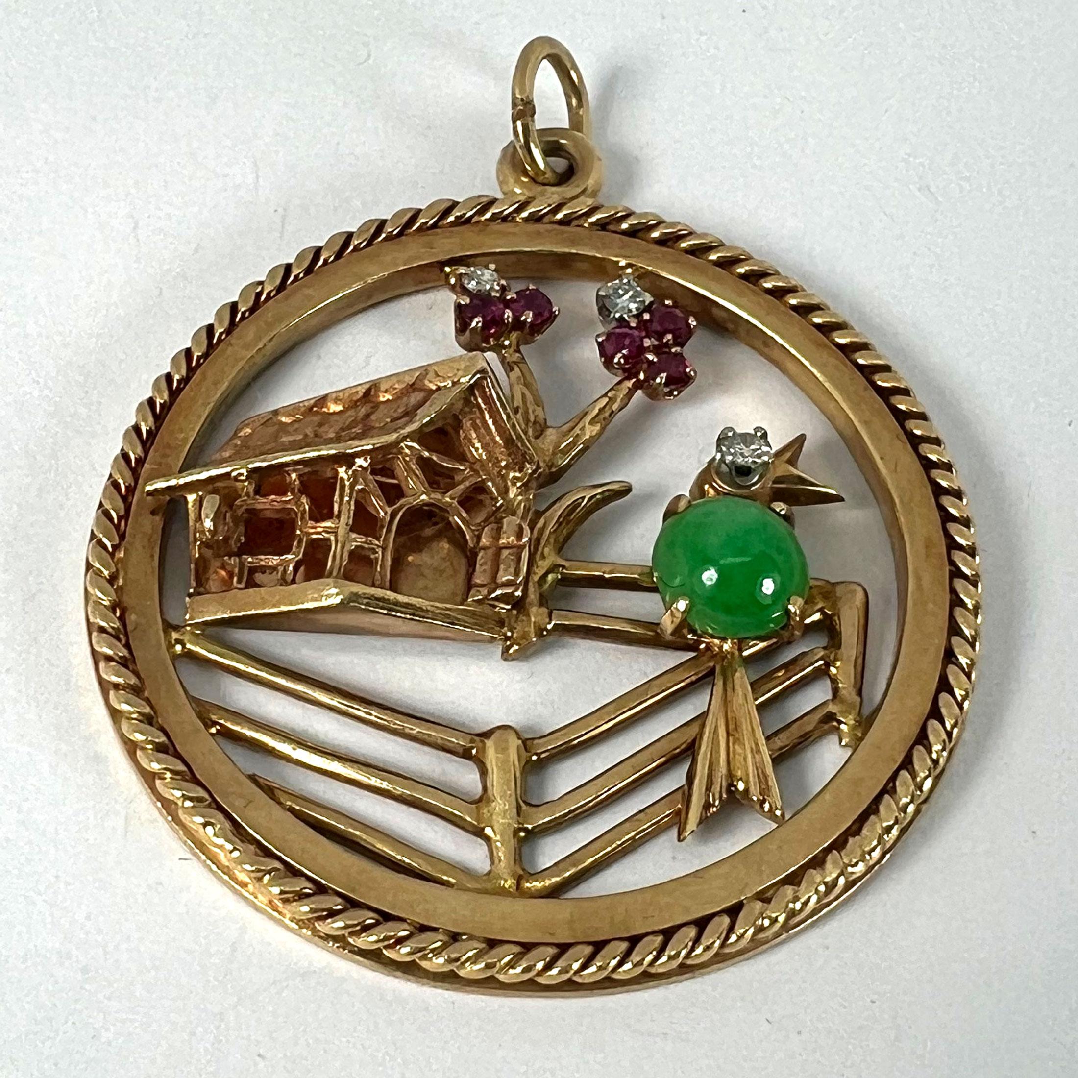Grand pendentif breloque en or jaune, diamant, rouge, rubis, rubis et jade vert, motif oiseau domestique en vente 7