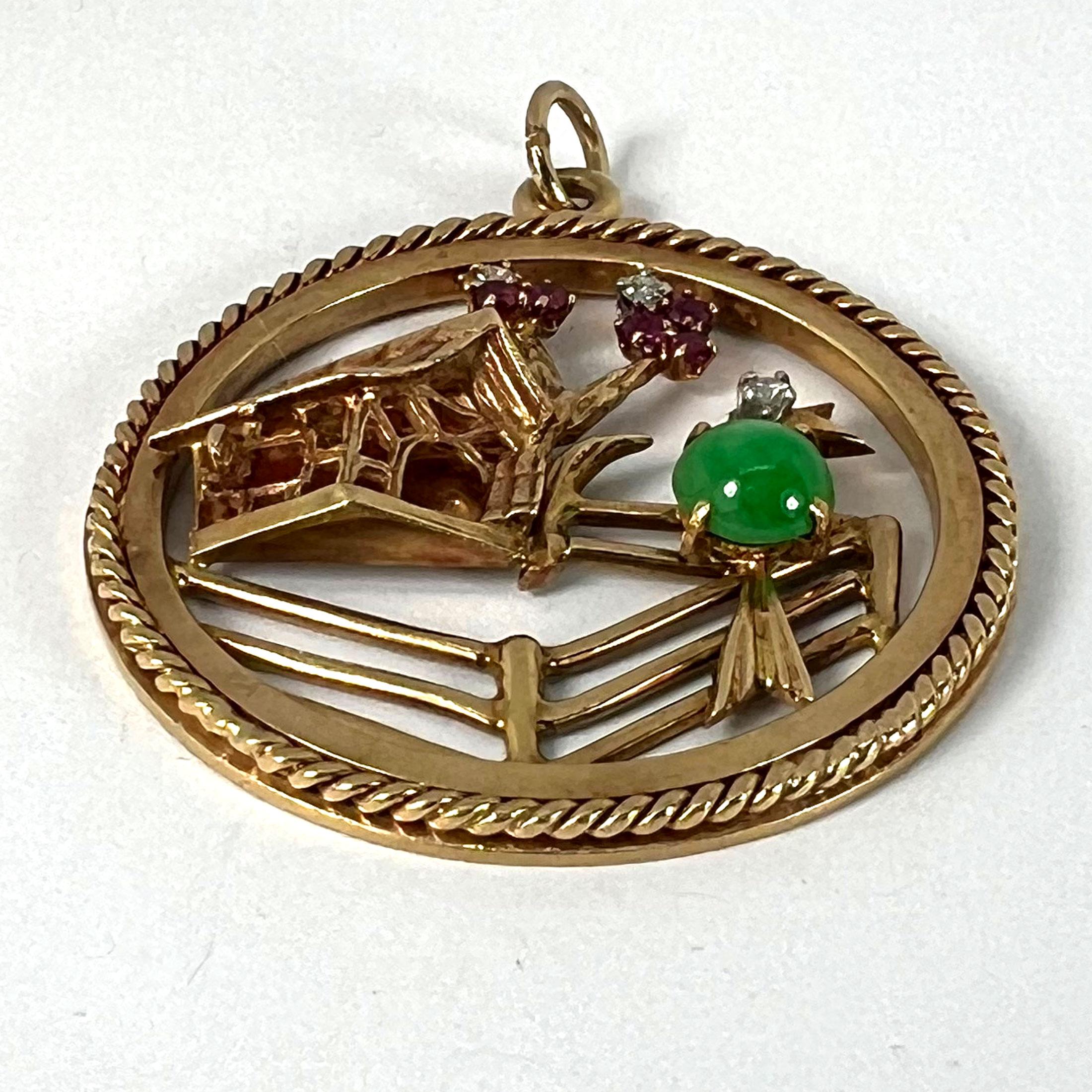 Grand pendentif breloque en or jaune, diamant, rouge, rubis, rubis et jade vert, motif oiseau domestique en vente 8