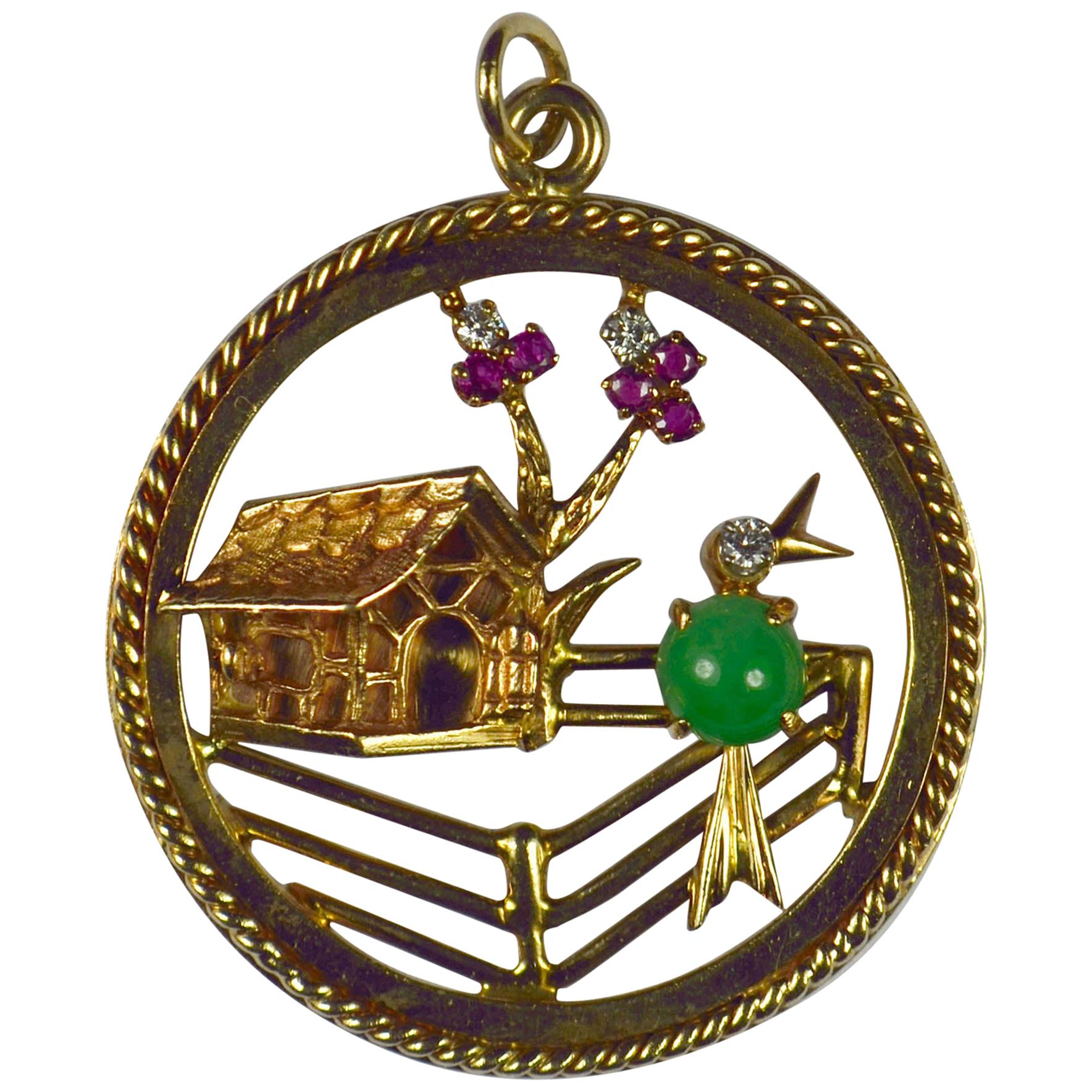 Grand pendentif breloque en or jaune, diamant, rouge, rubis, rubis et jade vert, motif oiseau domestique