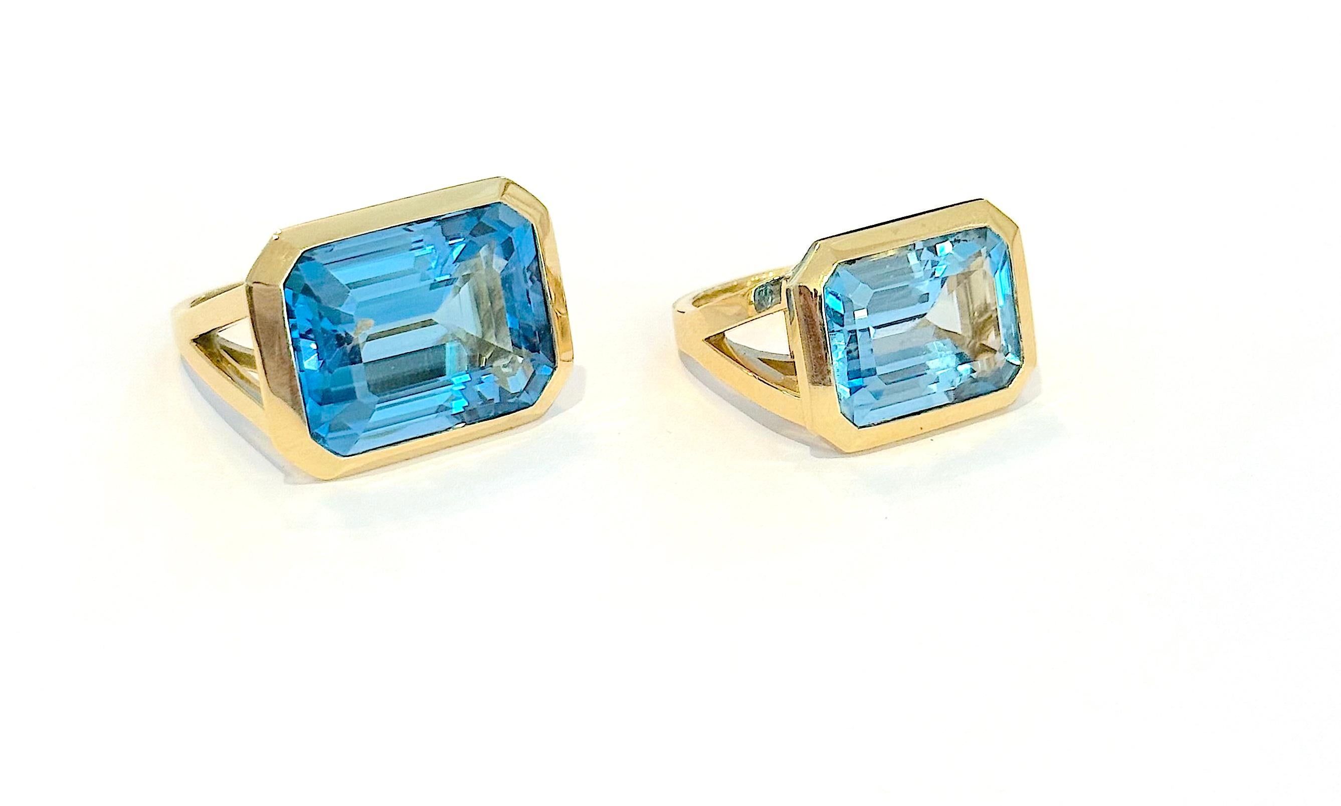 Taille émeraude Large bague en or jaune avec topaze bleue taillée en émeraude en vente