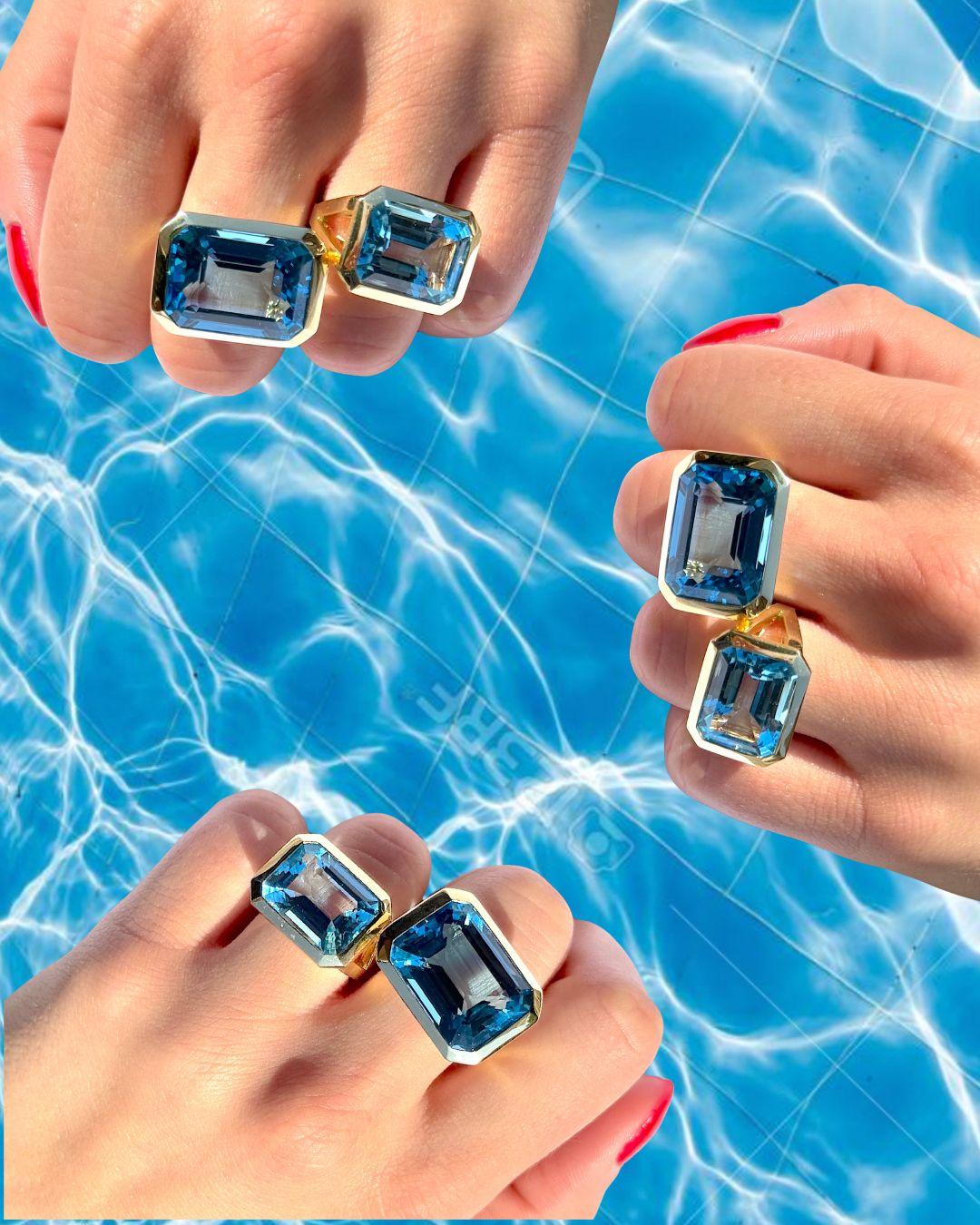 Large bague en or jaune avec topaze bleue taillée en émeraude en vente 1