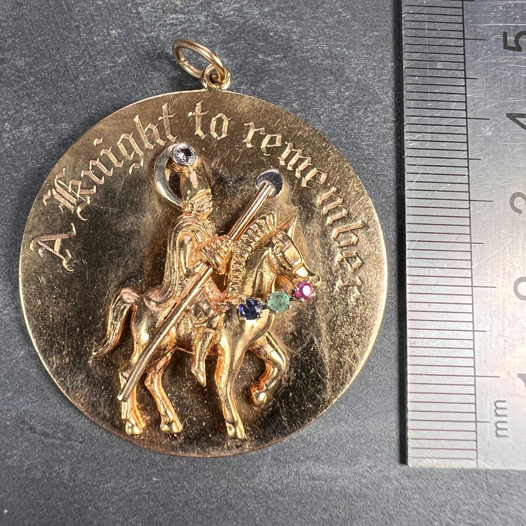 Large Yellow Gold Gem Set Knight to Remember Medallion Charm Pendant 3