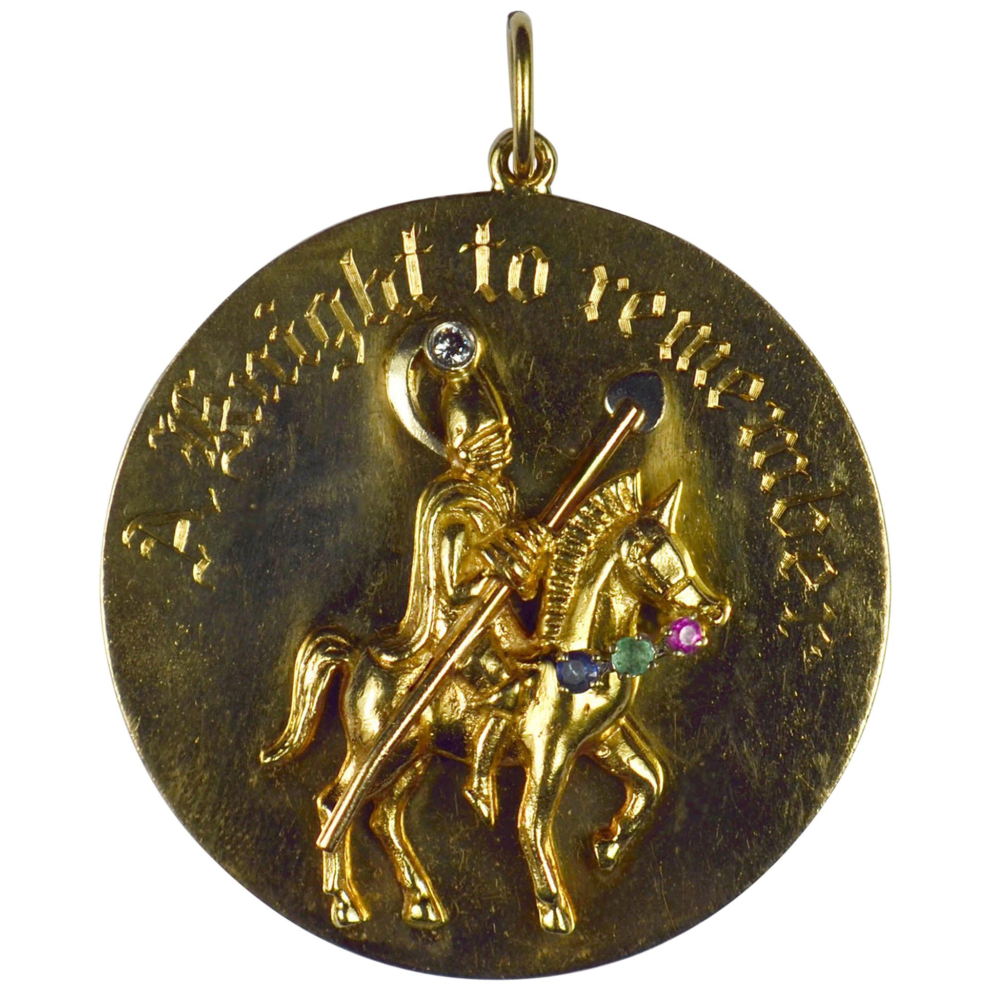 Large Yellow Gold Gem Set Knight to Remember Medallion Charm Pendant
