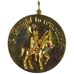 Large Yellow Gold Gem Set Knight to Remember Medallion Charm Pendant