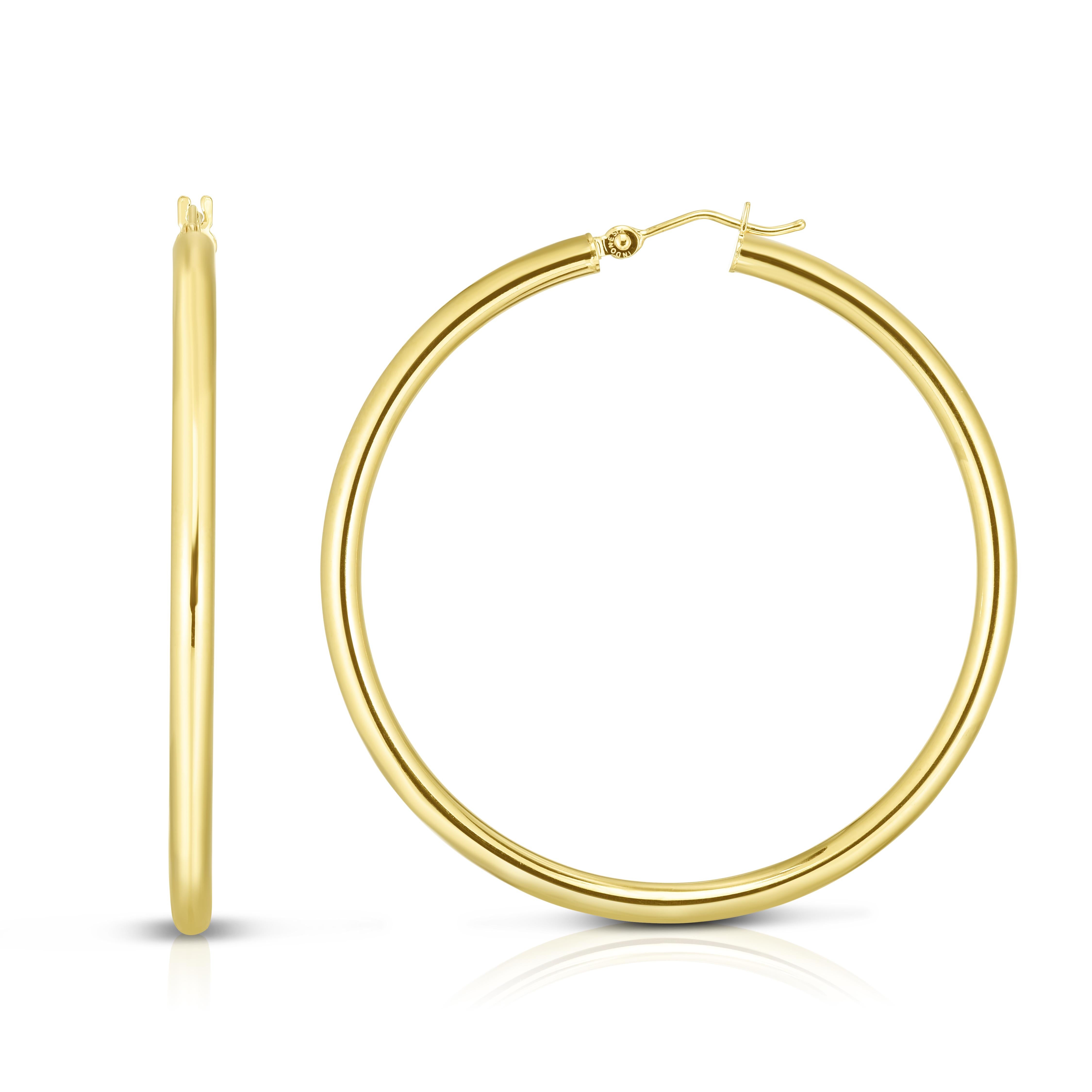 Round Cut Large Yellow Gold Hoop Earrings 2.25 Inch Diameter 