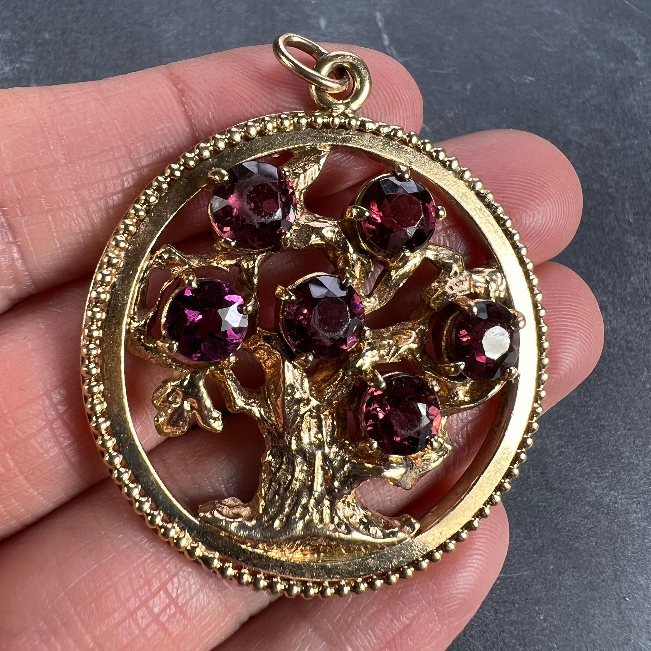 Large Yellow Gold Red Garnet Tree of Life Medallion Charm Pendant 2