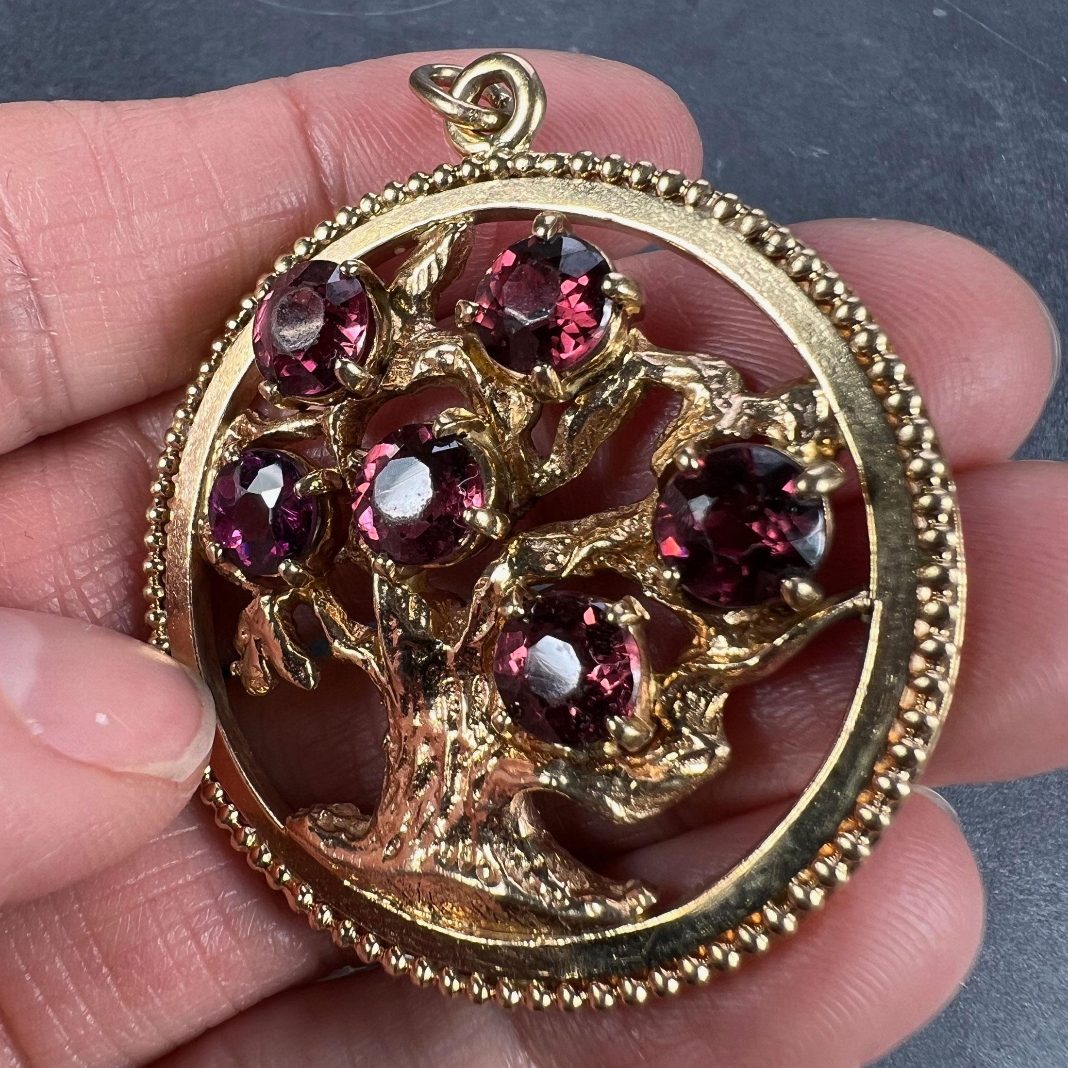 Large Yellow Gold Red Garnet Tree of Life Medallion Charm Pendant For Sale 3