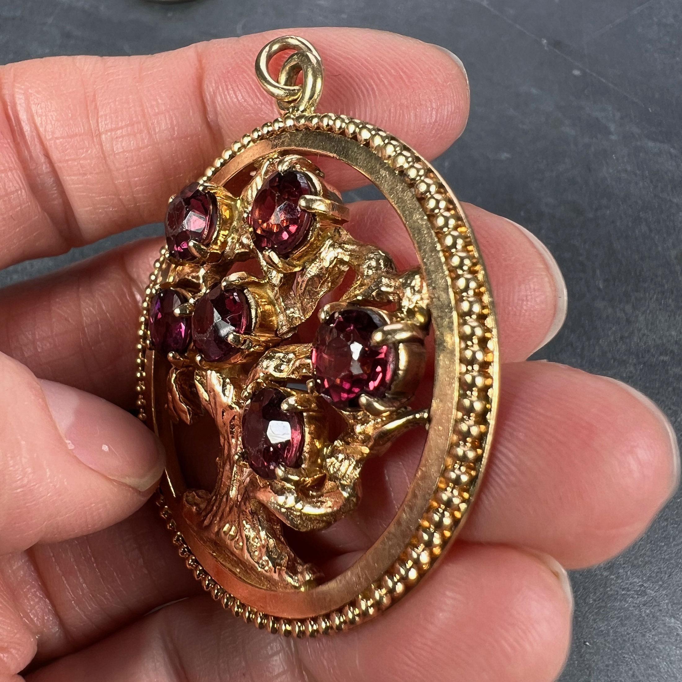 Large Yellow Gold Red Garnet Tree of Life Medallion Charm Pendant For Sale 4