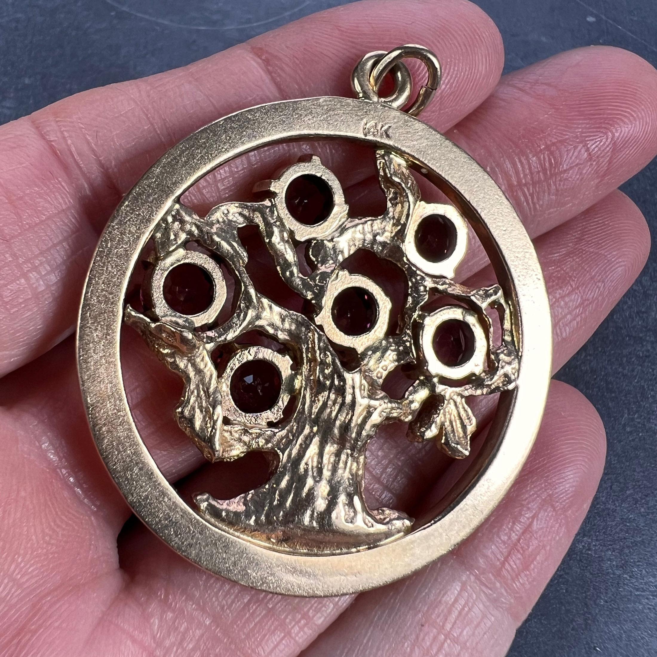 Large Yellow Gold Red Garnet Tree of Life Medallion Charm Pendant For Sale 5
