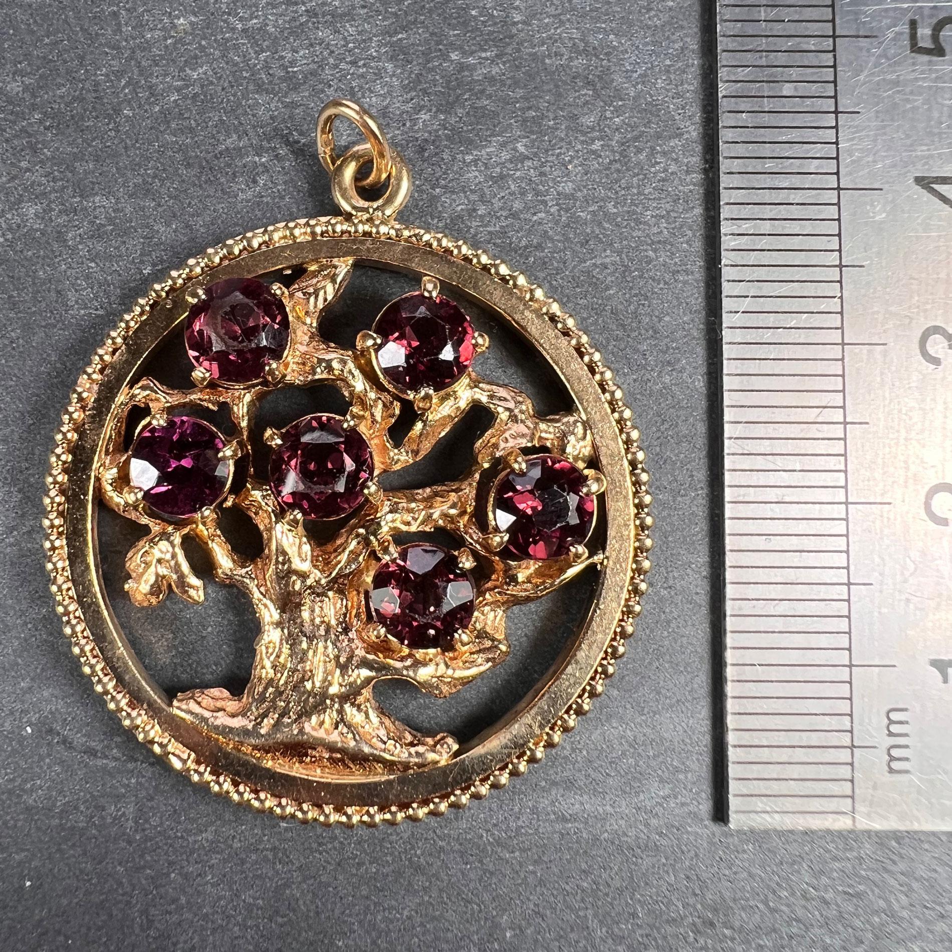 Large Yellow Gold Red Garnet Tree of Life Medallion Charm Pendant For Sale 6